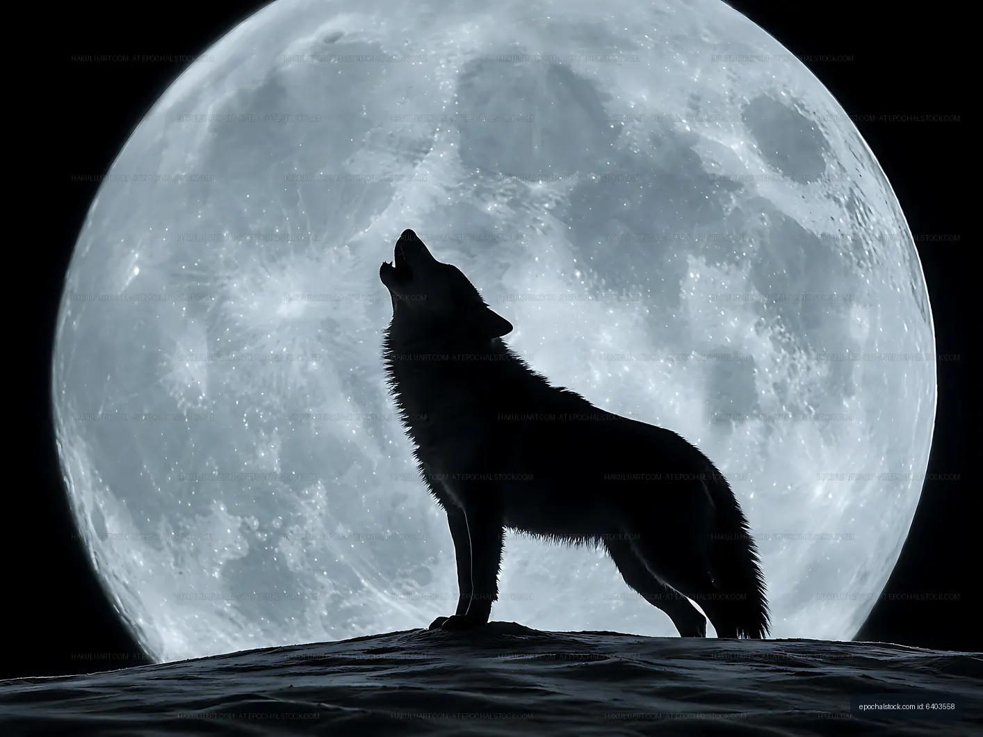Wolf howling at a large moon in a night sky