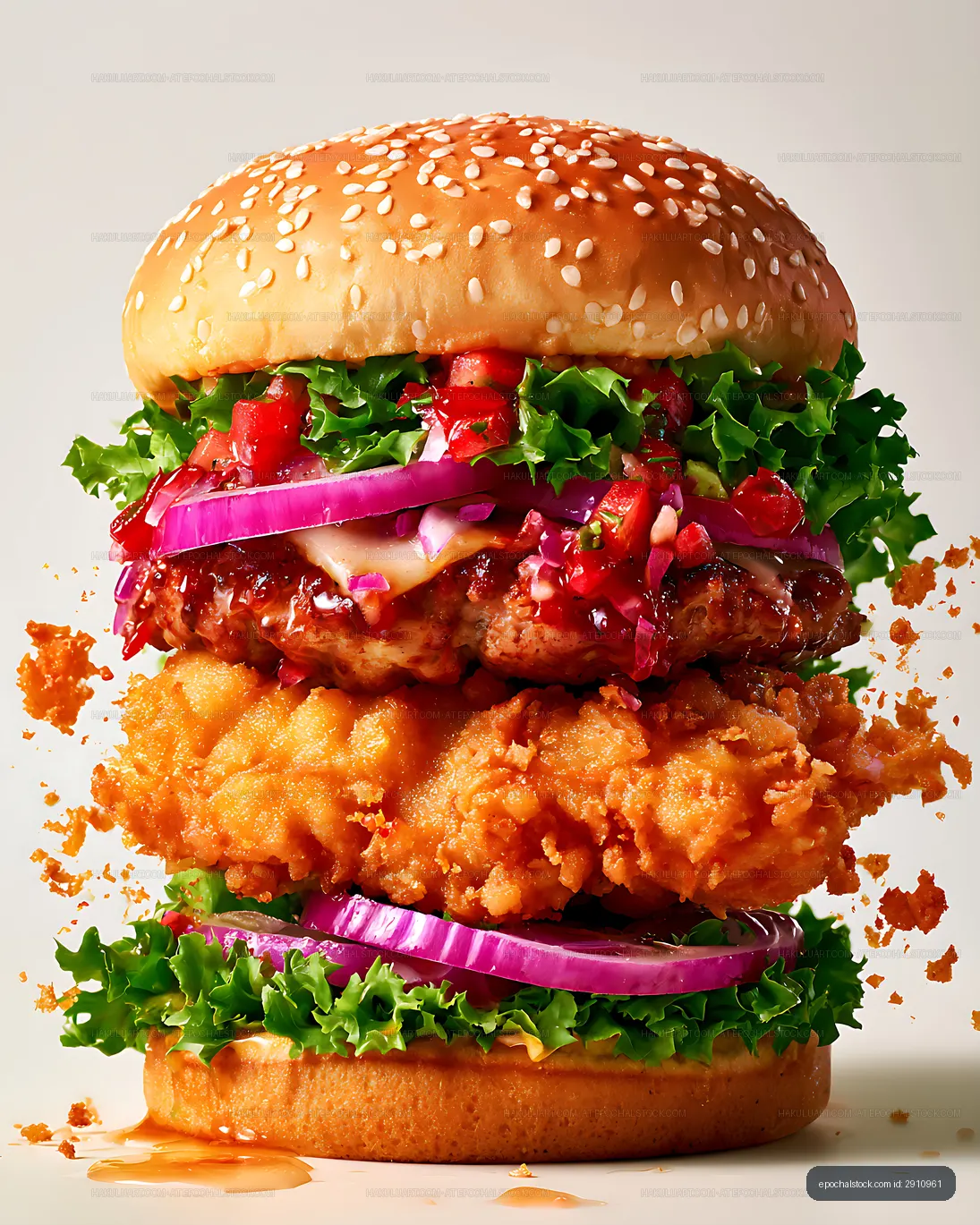 Crispy chicken burger with colorful vegetable toppings