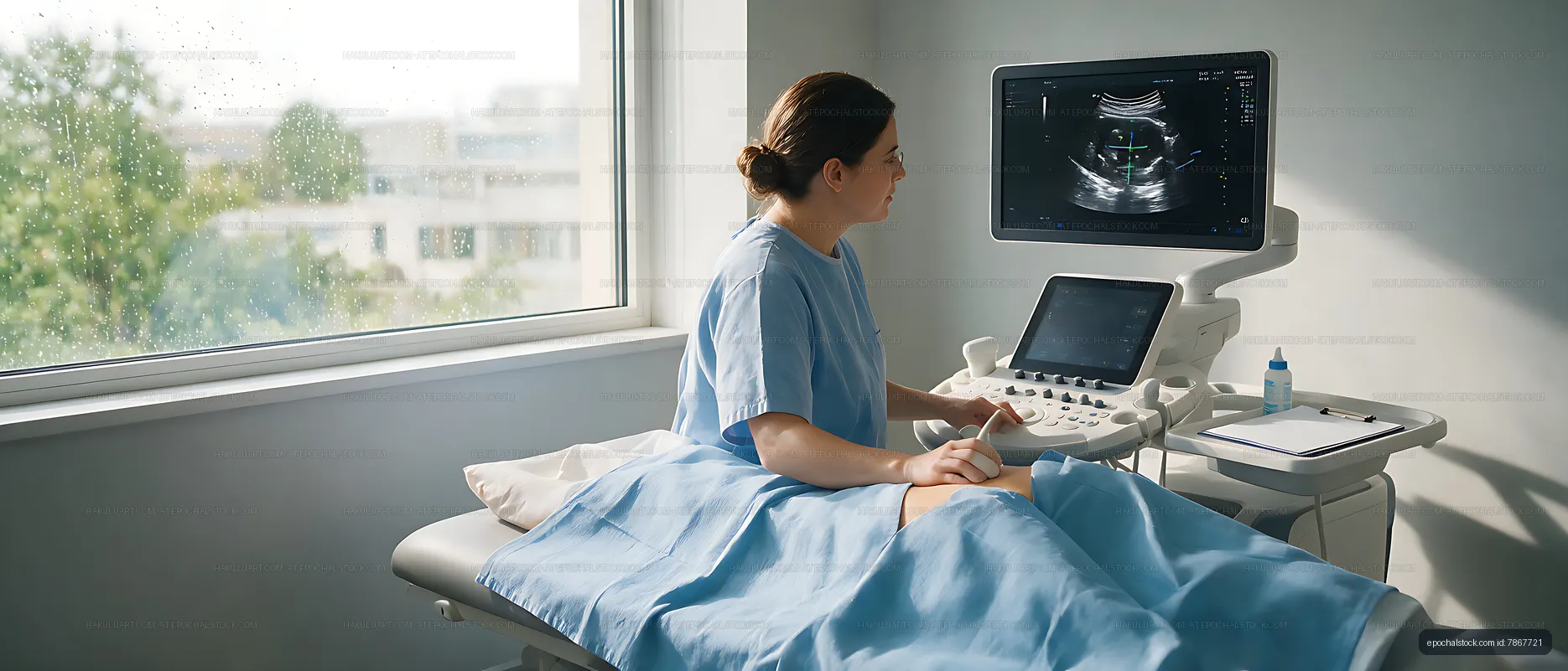 Ultrasound sonographer operating diagnostic equipment in clinic
