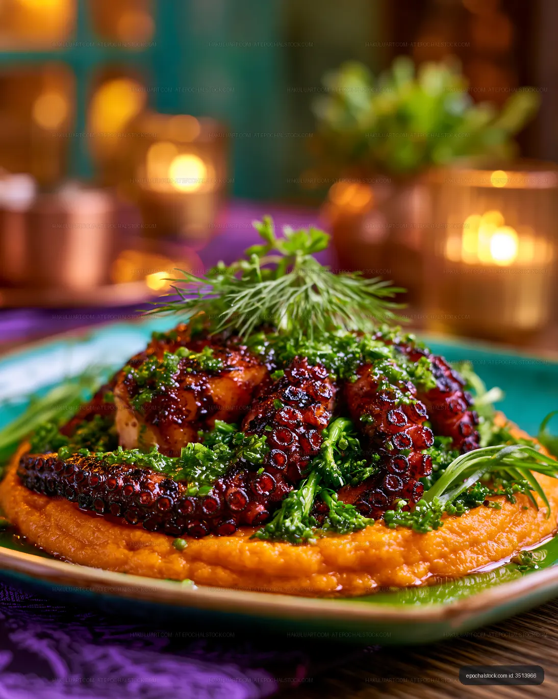Gourmet grilled octopus with green herbs and orange puree