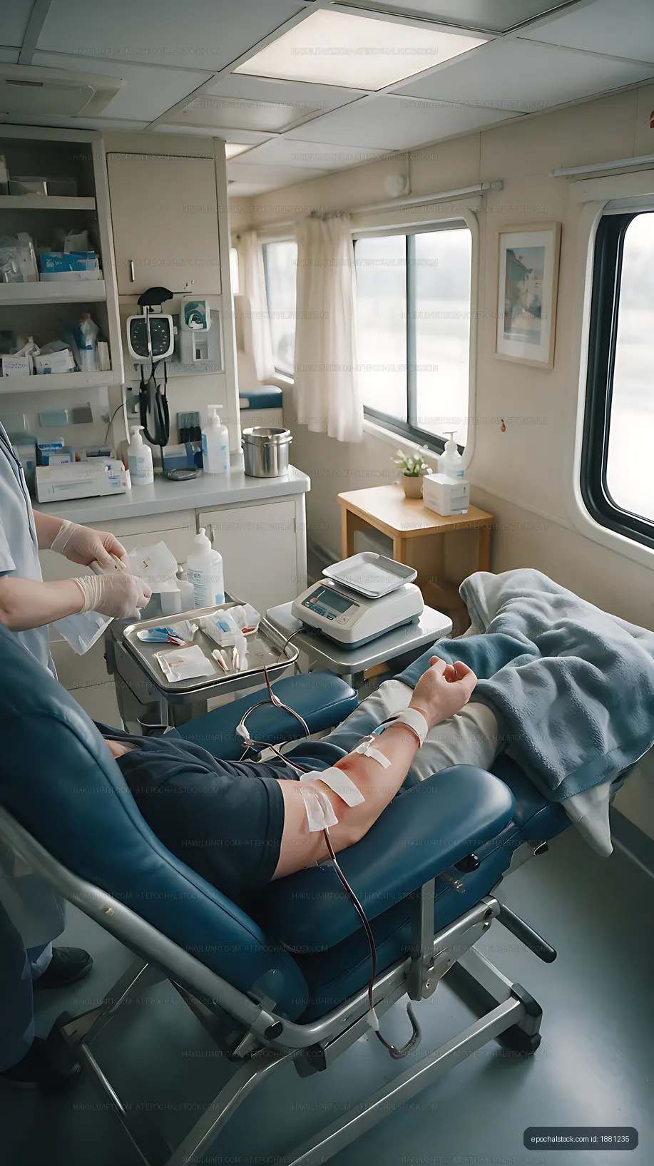 Blood donor reclining in chair in a clinical interior