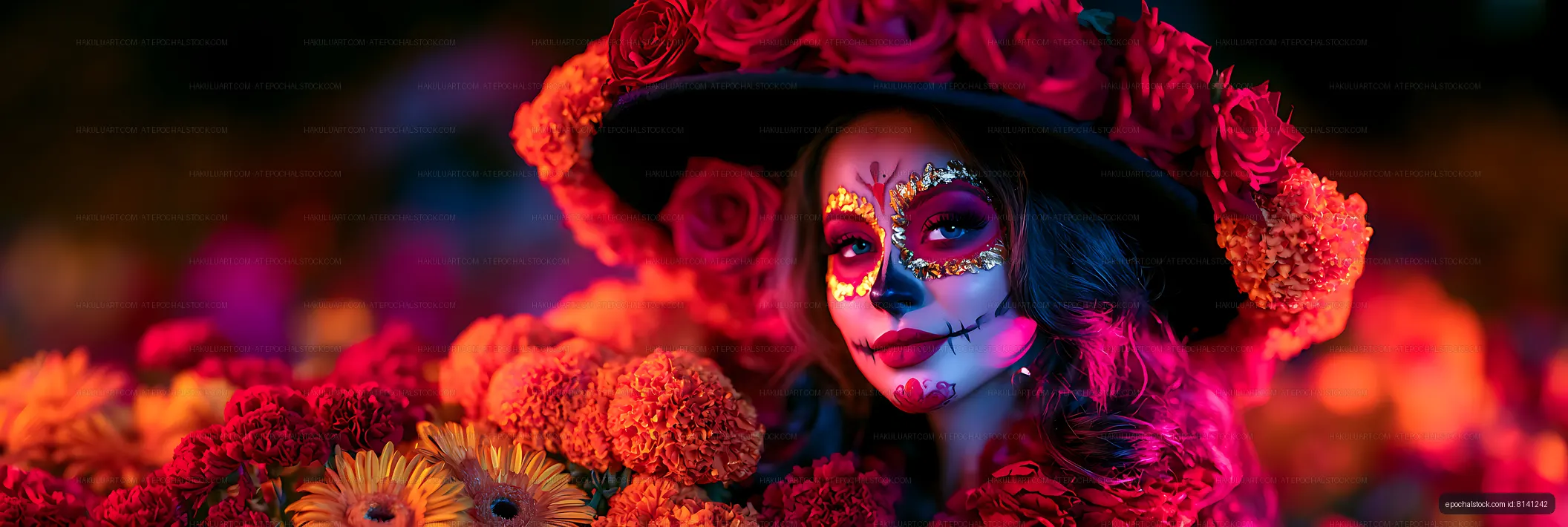 Woman surrounded by flowers wearing decorative face paint