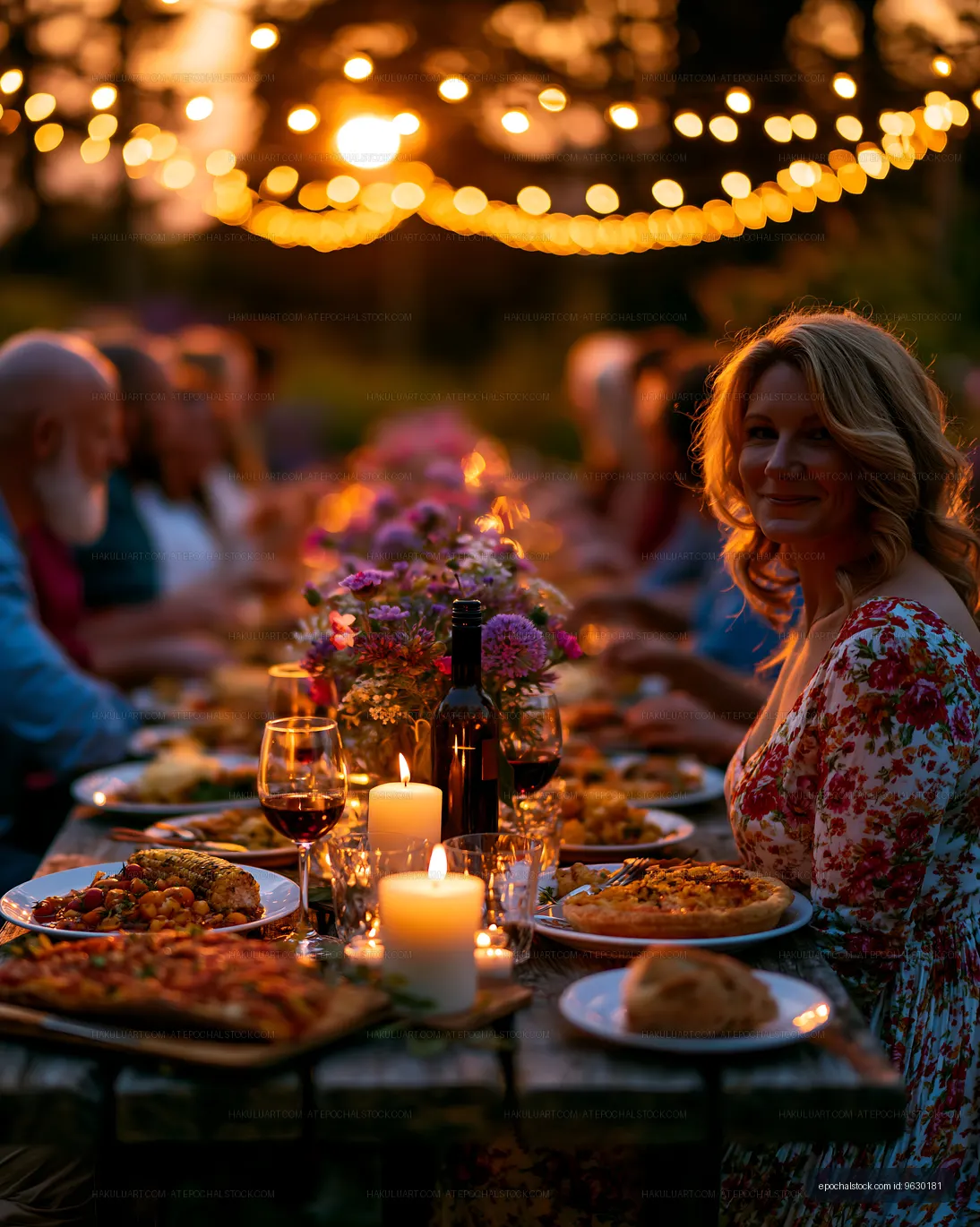Woman at a candlelit outdoor dinner table