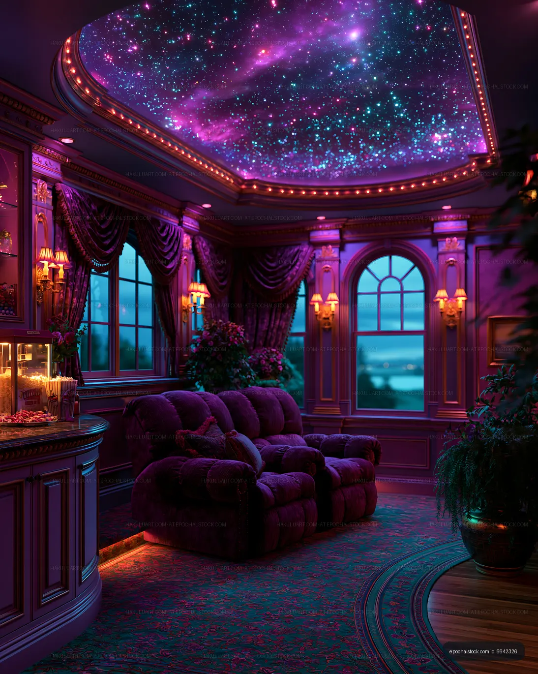Ornate purple sitting room with illuminated celestial ceiling
