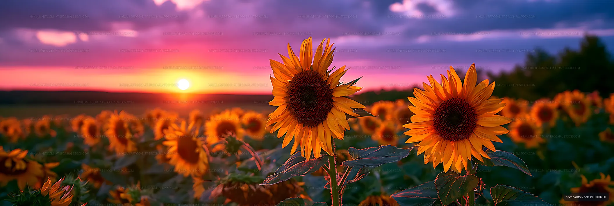 Sunflower field beneath a glowing sunset sky
