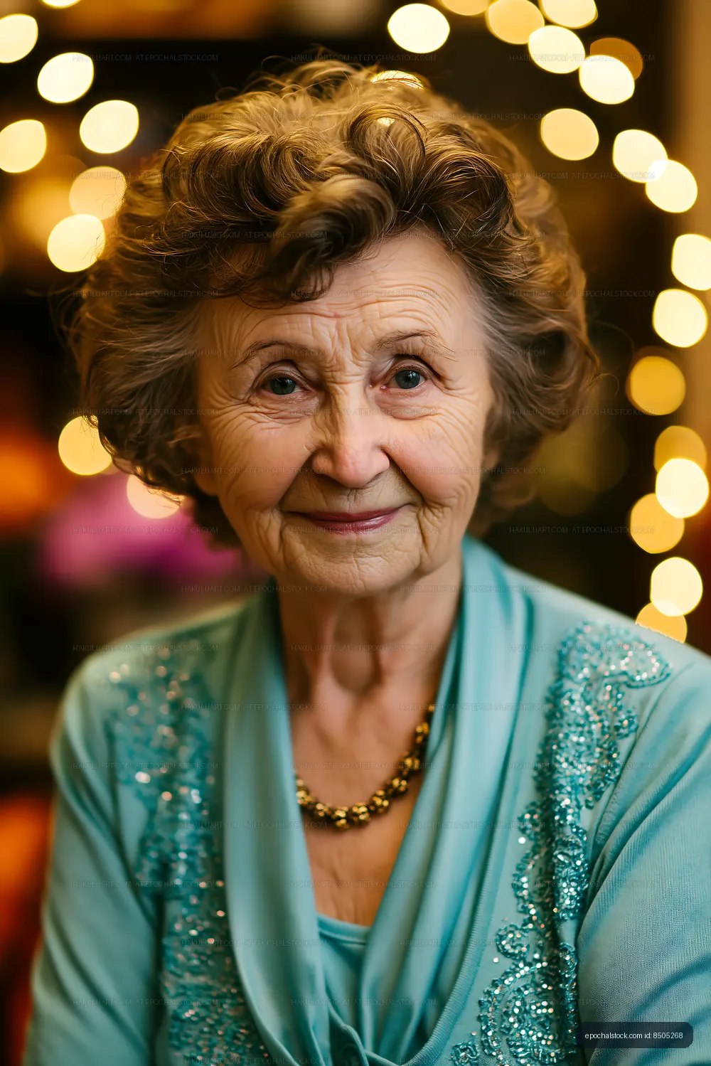 Elderly woman smiles in front of warm lights during celebration