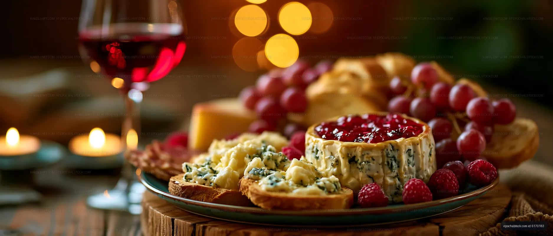 Rustic cheese platter with red wine and berries