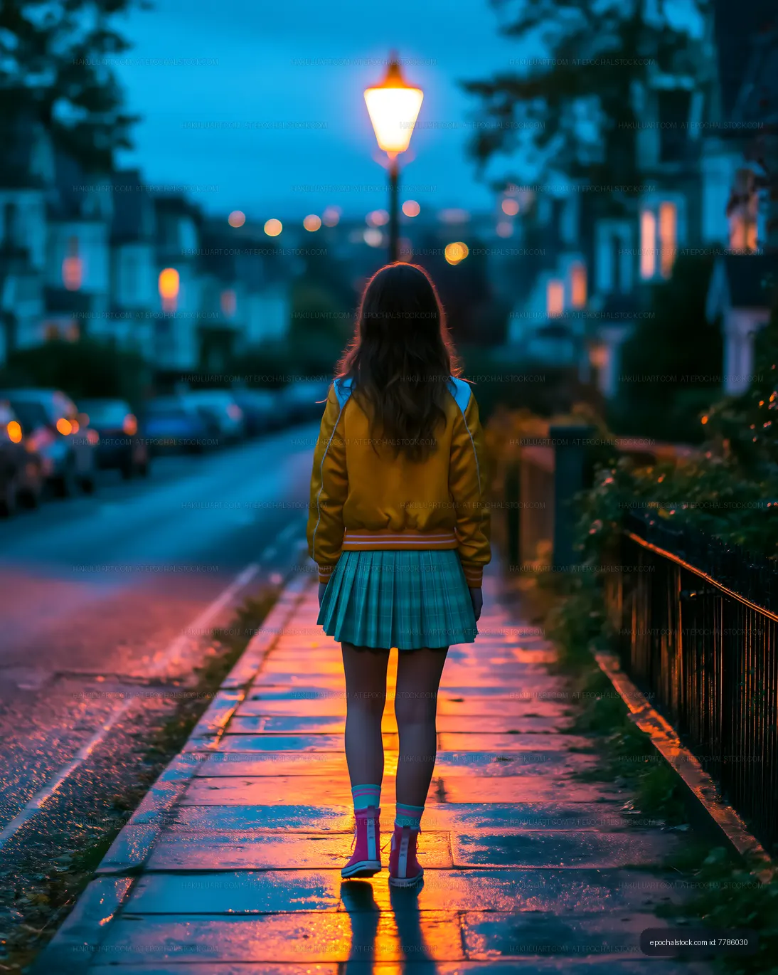 Back view of a girl walking under streetlights after rain