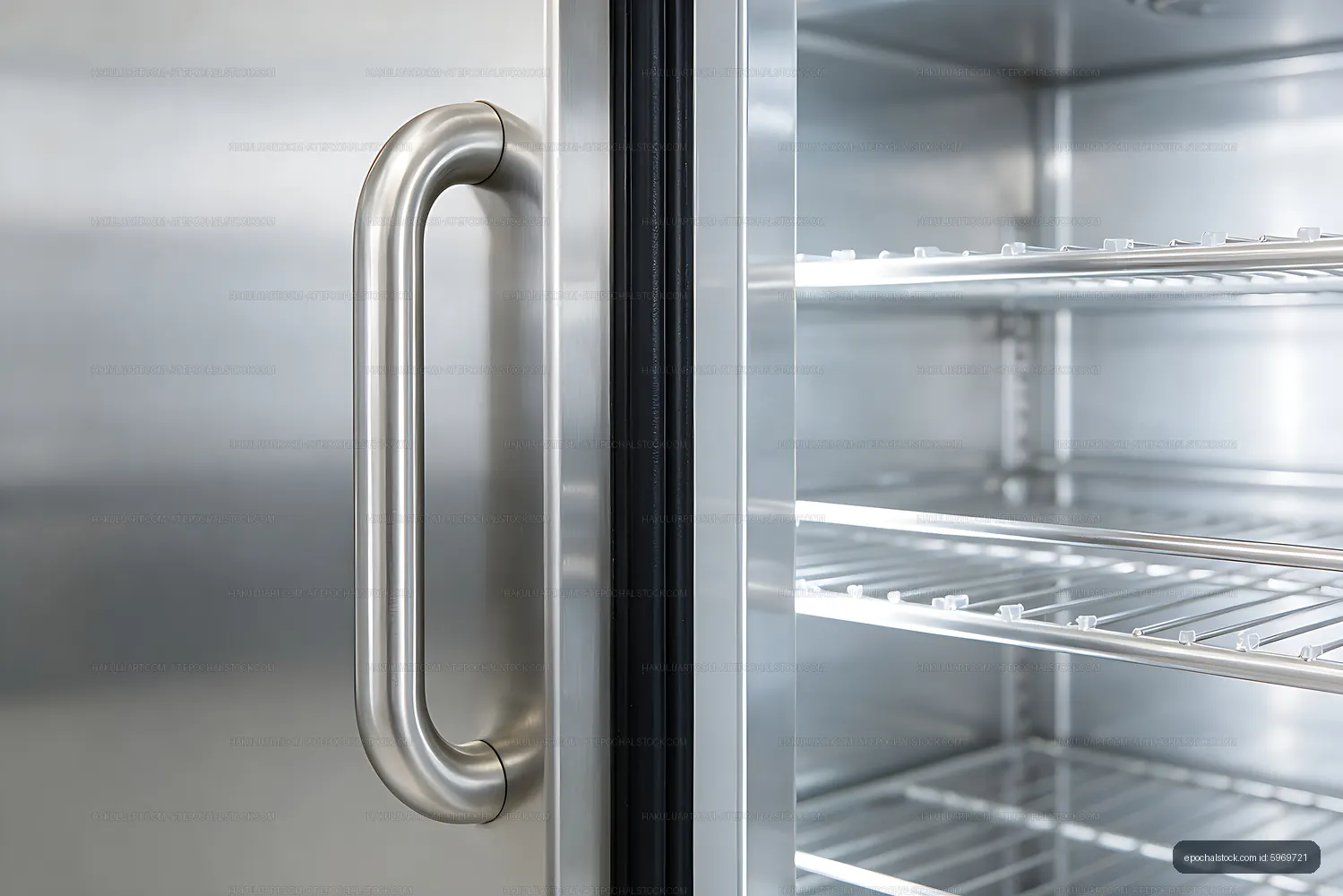 Open medical storage refrigerator with empty shelves