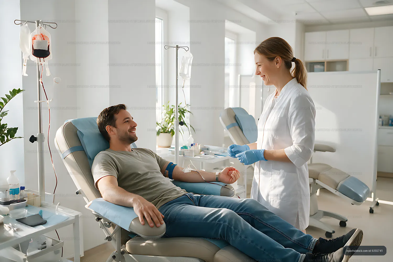 Blood donation scene with reclining donor and healthcare worker