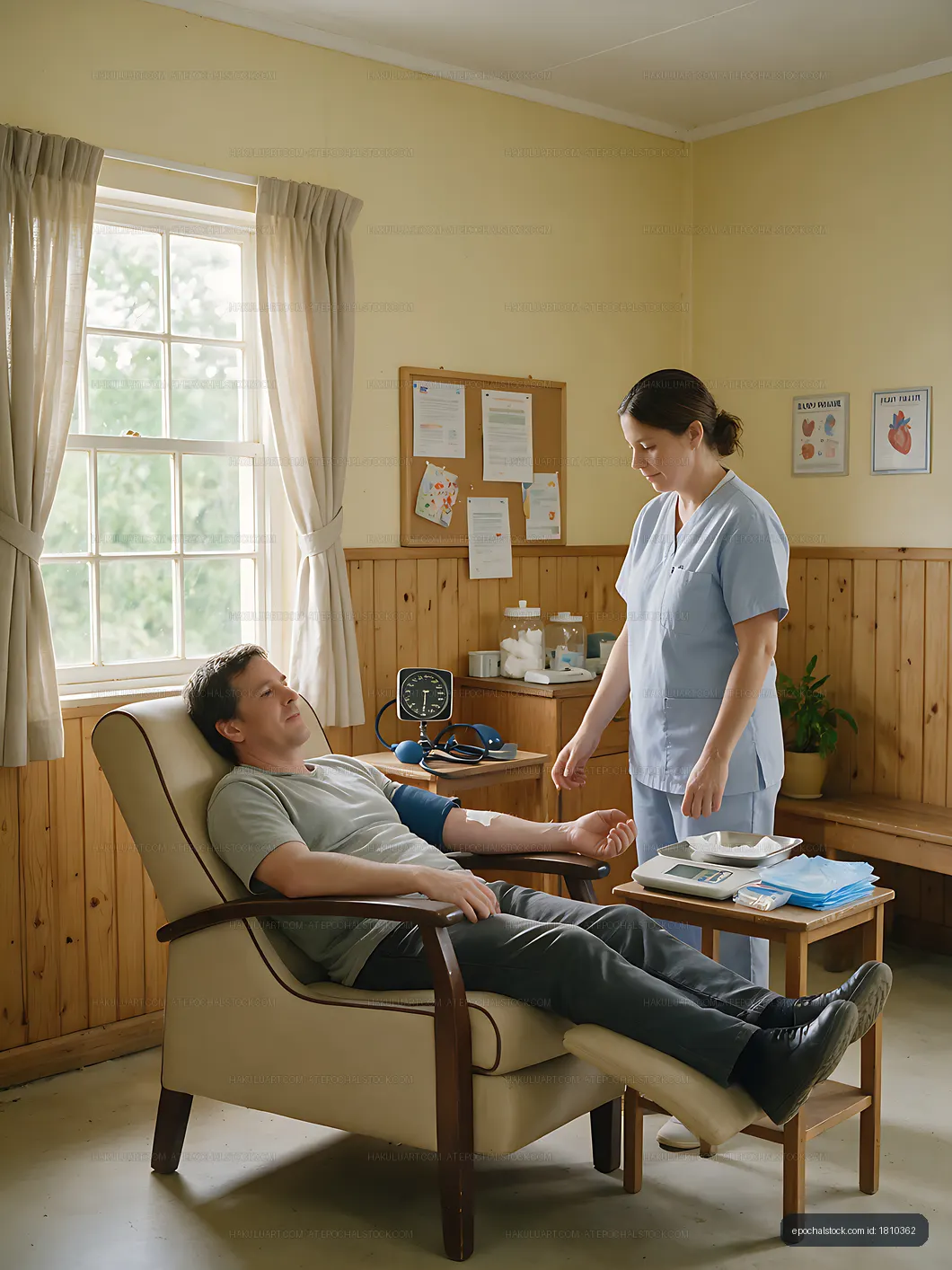 Blood donor reclining in a medical chair