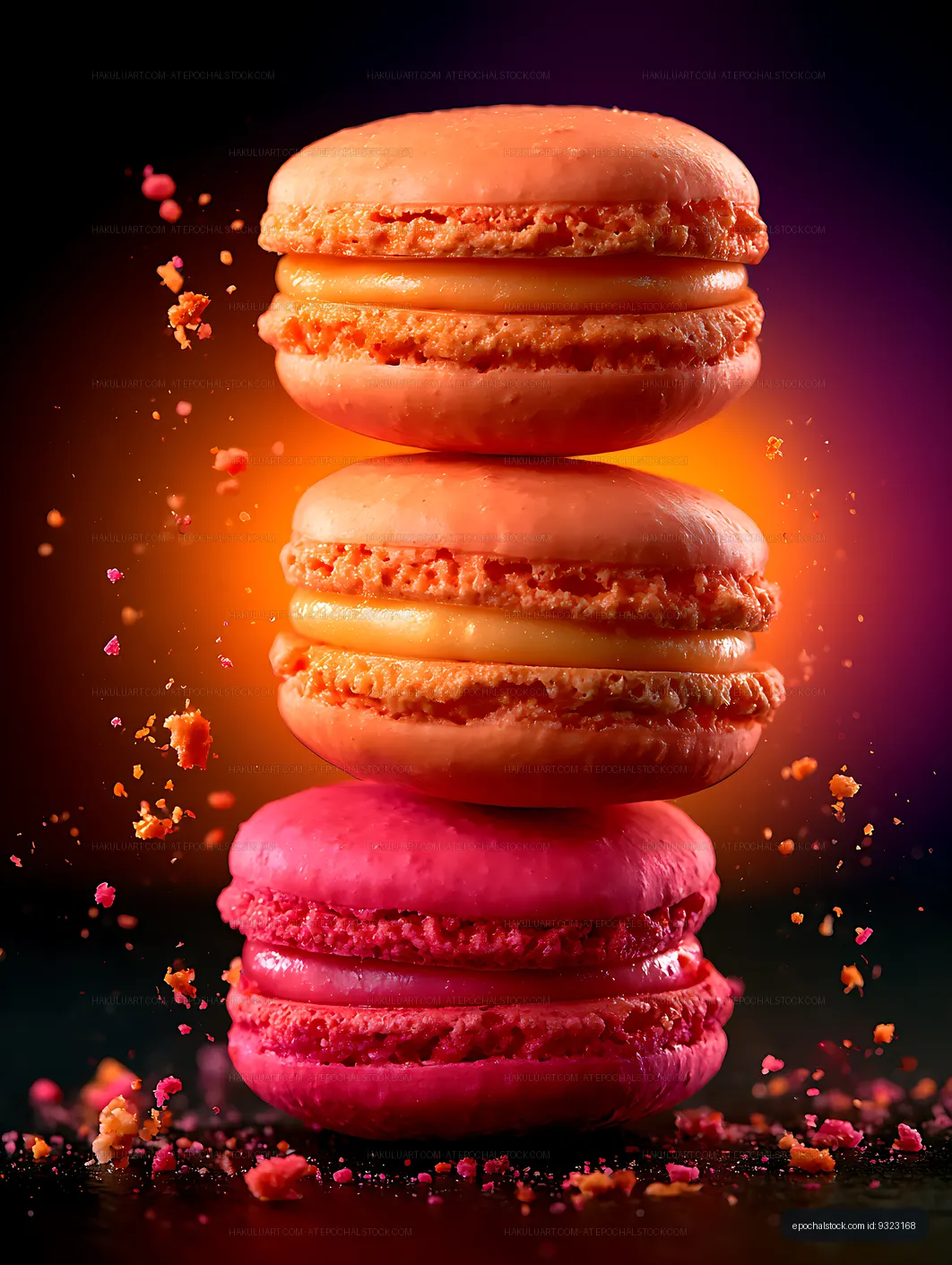 Vibrant macaron stack with scattered pastry crumbs