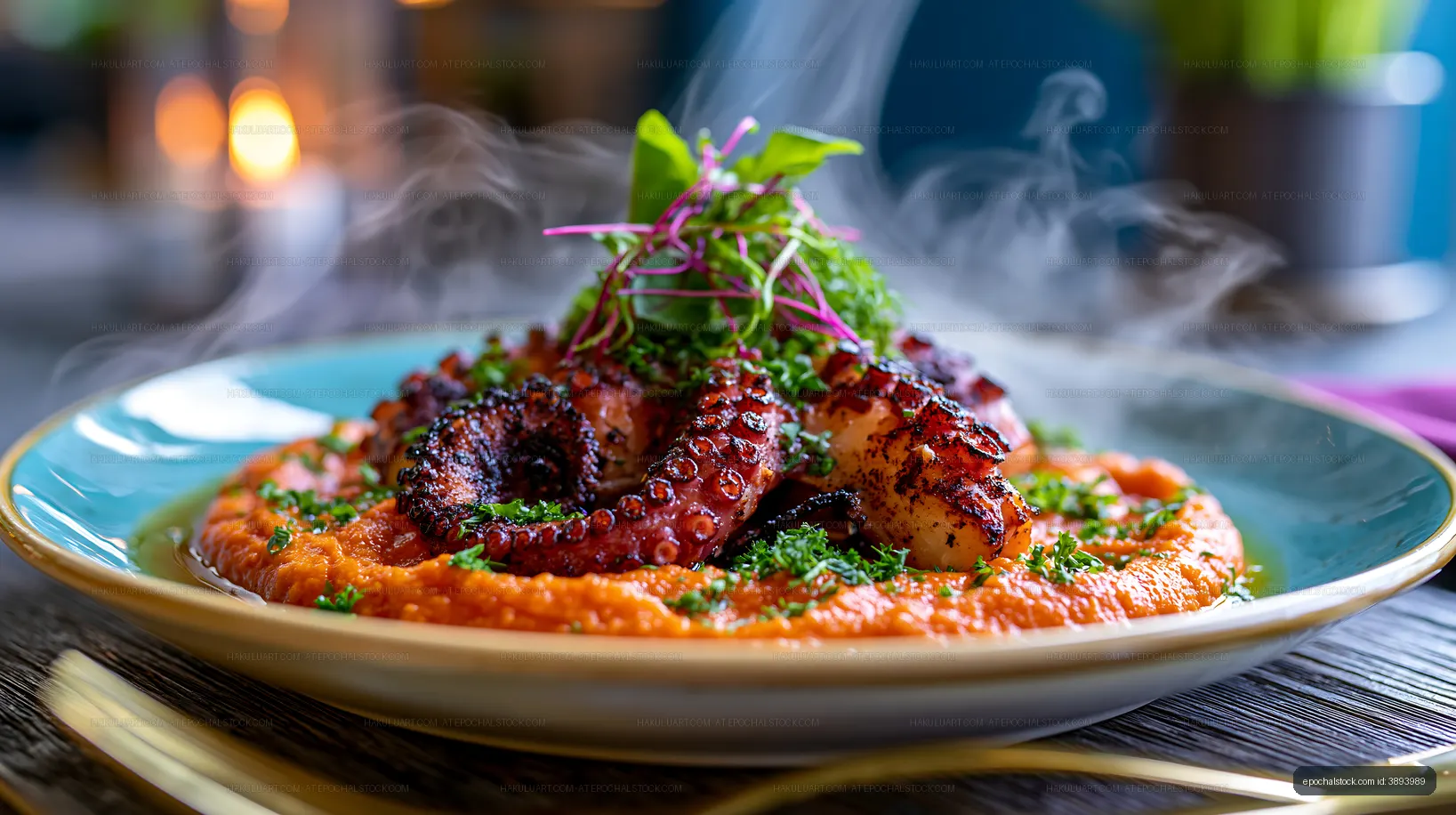 Close-up of grilled octopus with herbs and puree
