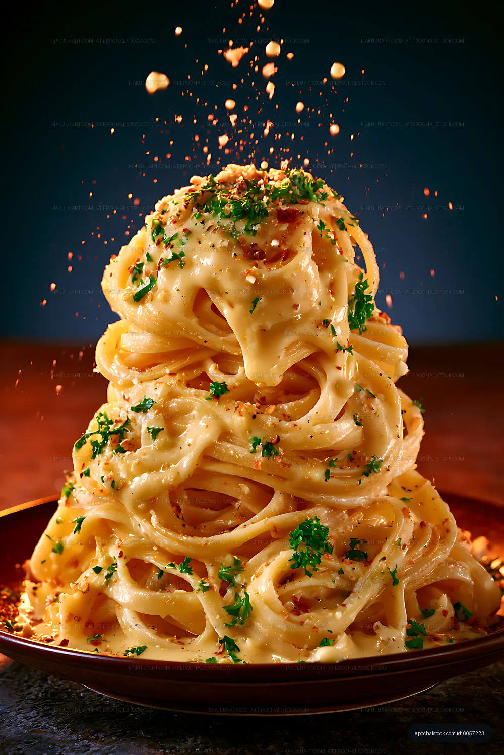Tall plate of creamy pasta with herbs
