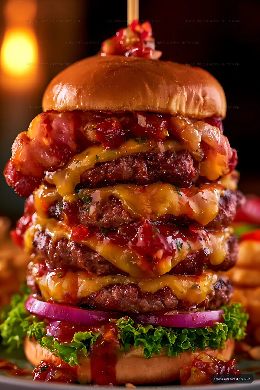 Close-up of a towering loaded cheeseburger