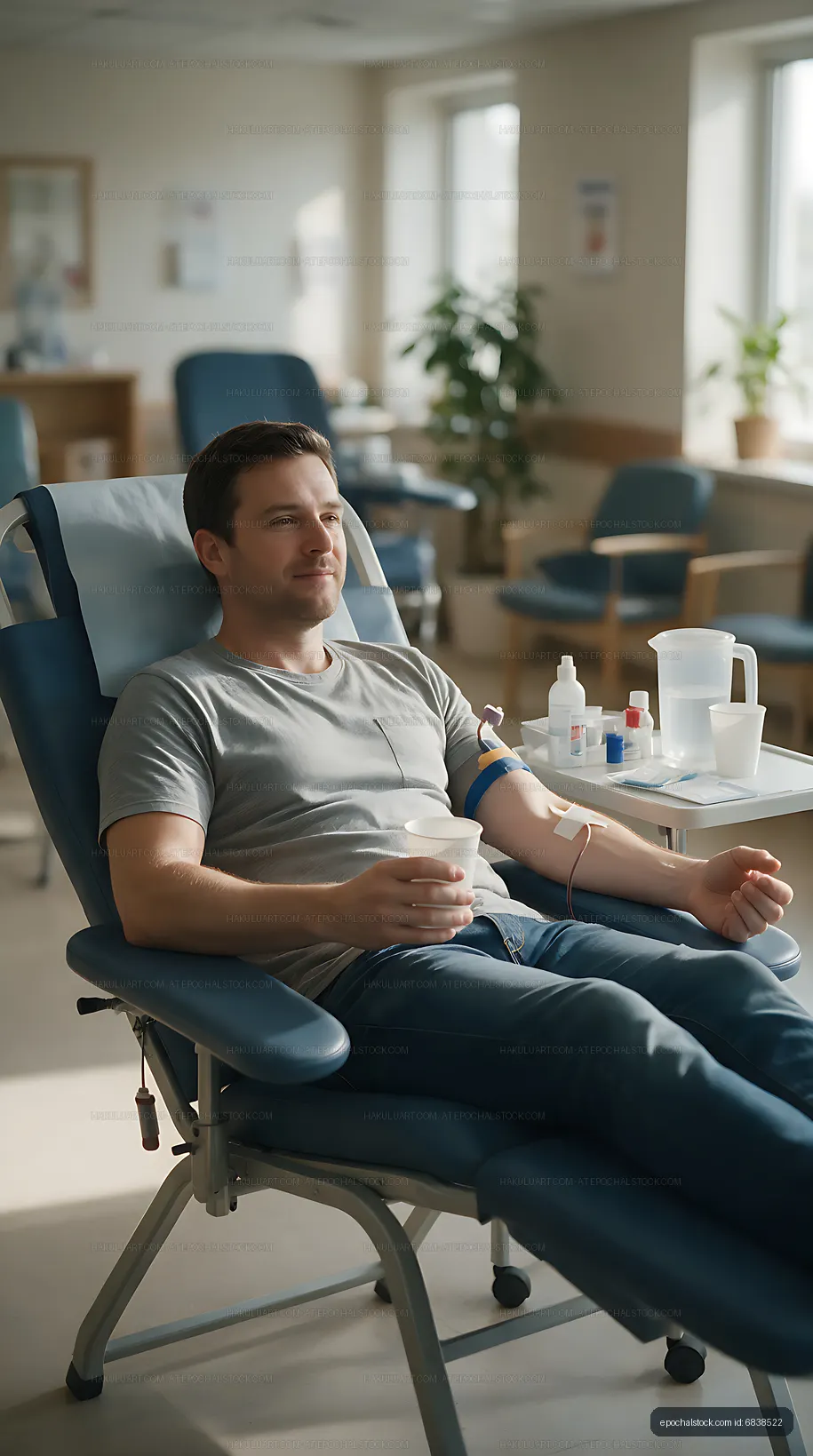 Blood donor seated in reclining medical chair