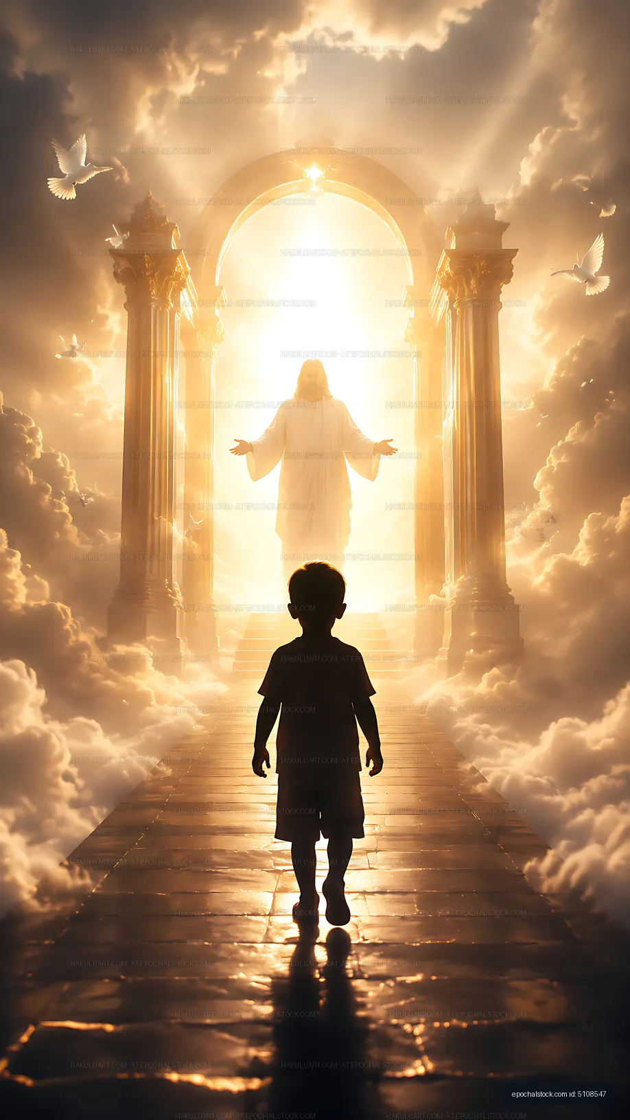 Child walks toward bright archway with figure in clouds