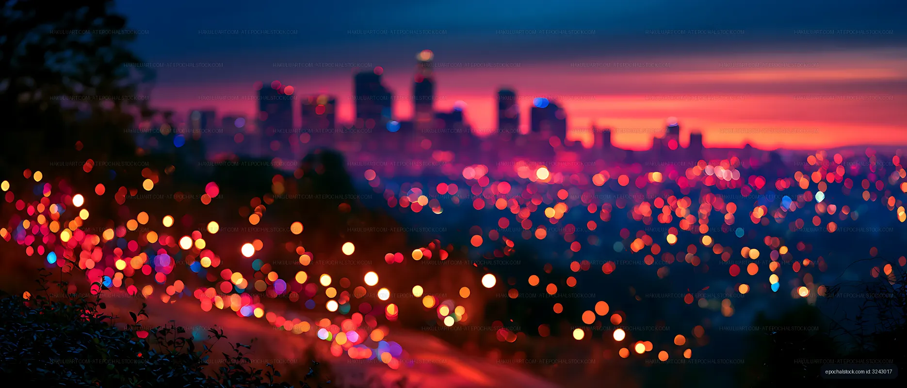 Vivid blurred skyline with colorful city lights