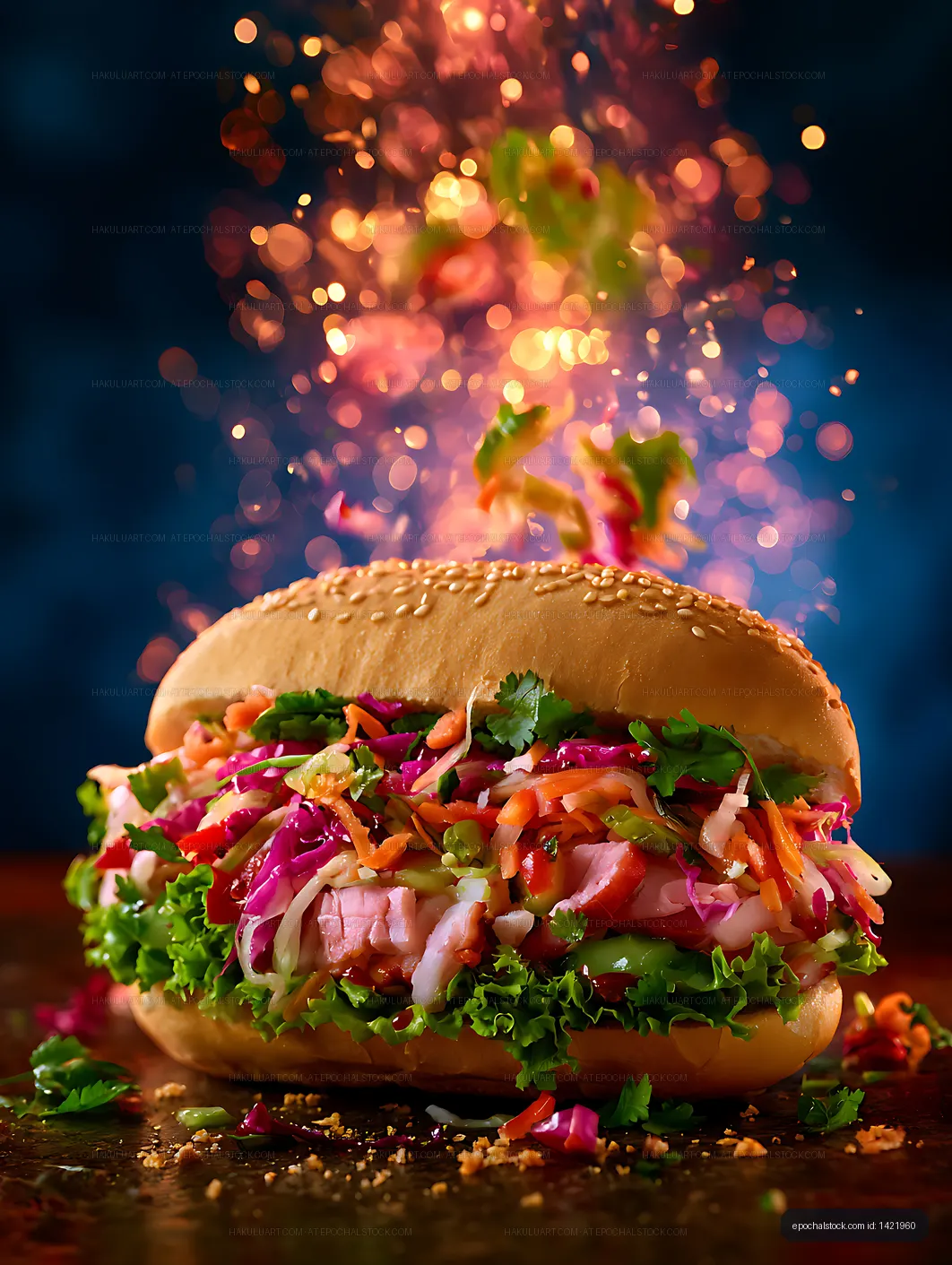 Close-up colorful sandwich with vegetables and sesame bun