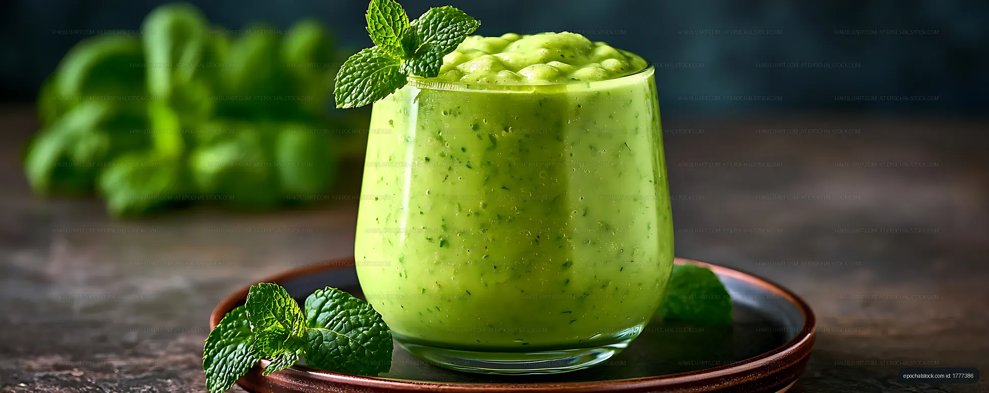 Bright green mint drink served on a ceramic plate