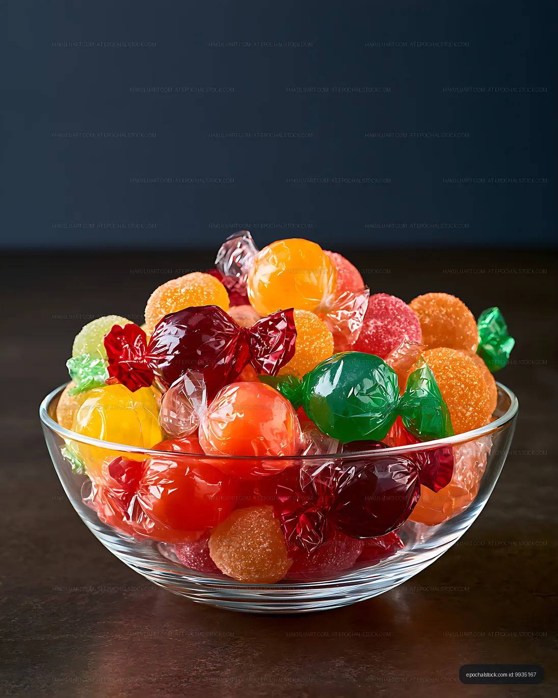 Vibrant candy assortment in a clear glass serving bowl