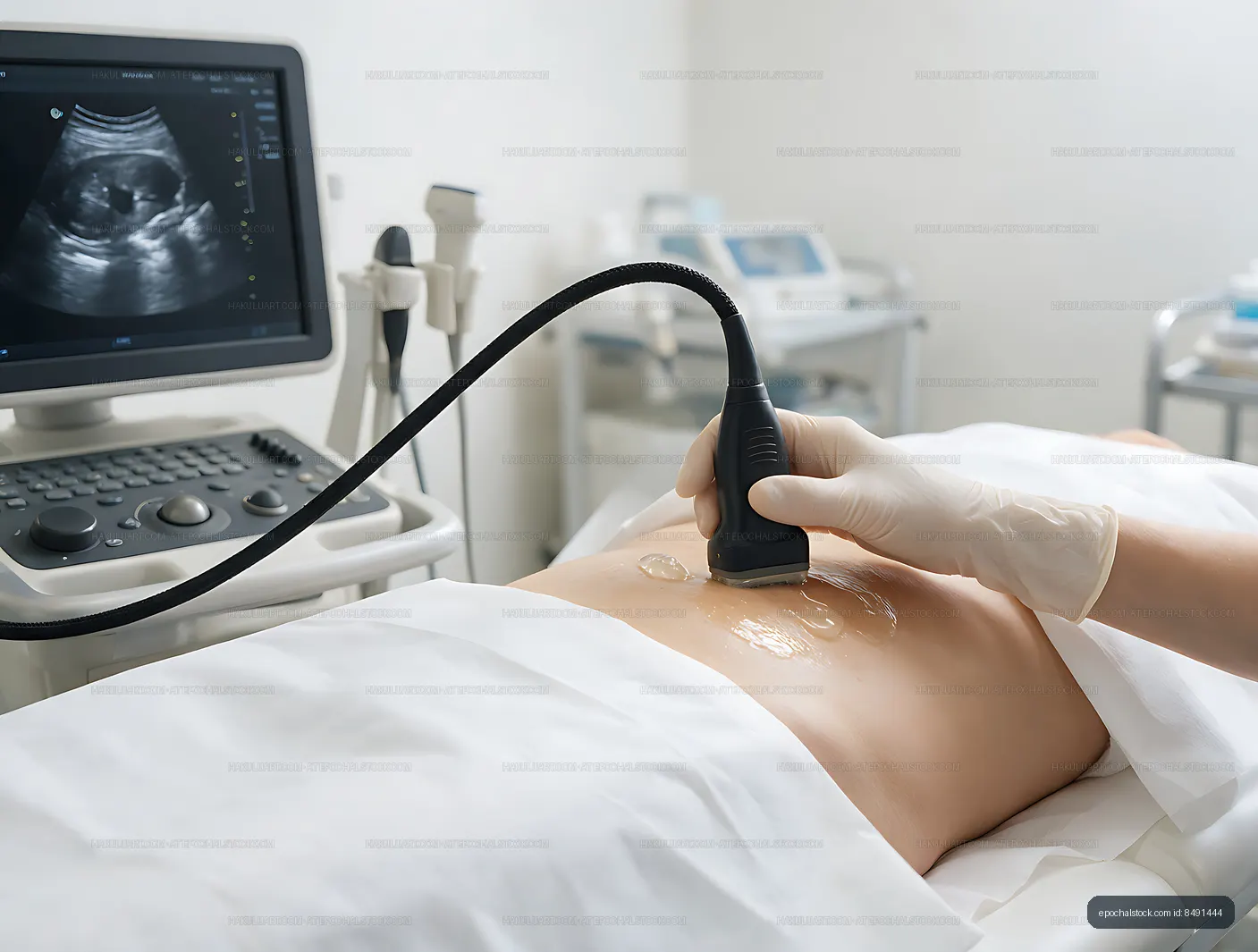 Abdominal ultrasound examination in a clinical room