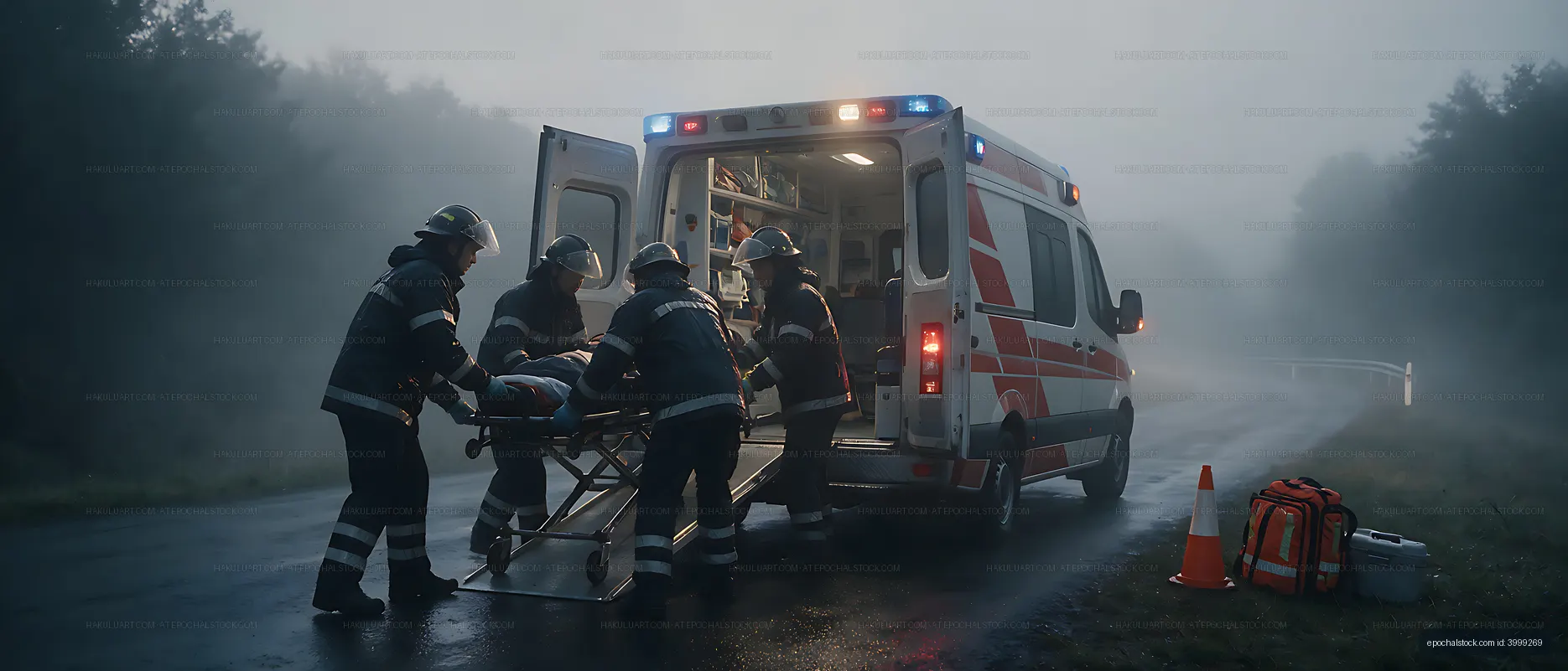 Emergency responders load stretcher beside ambulance