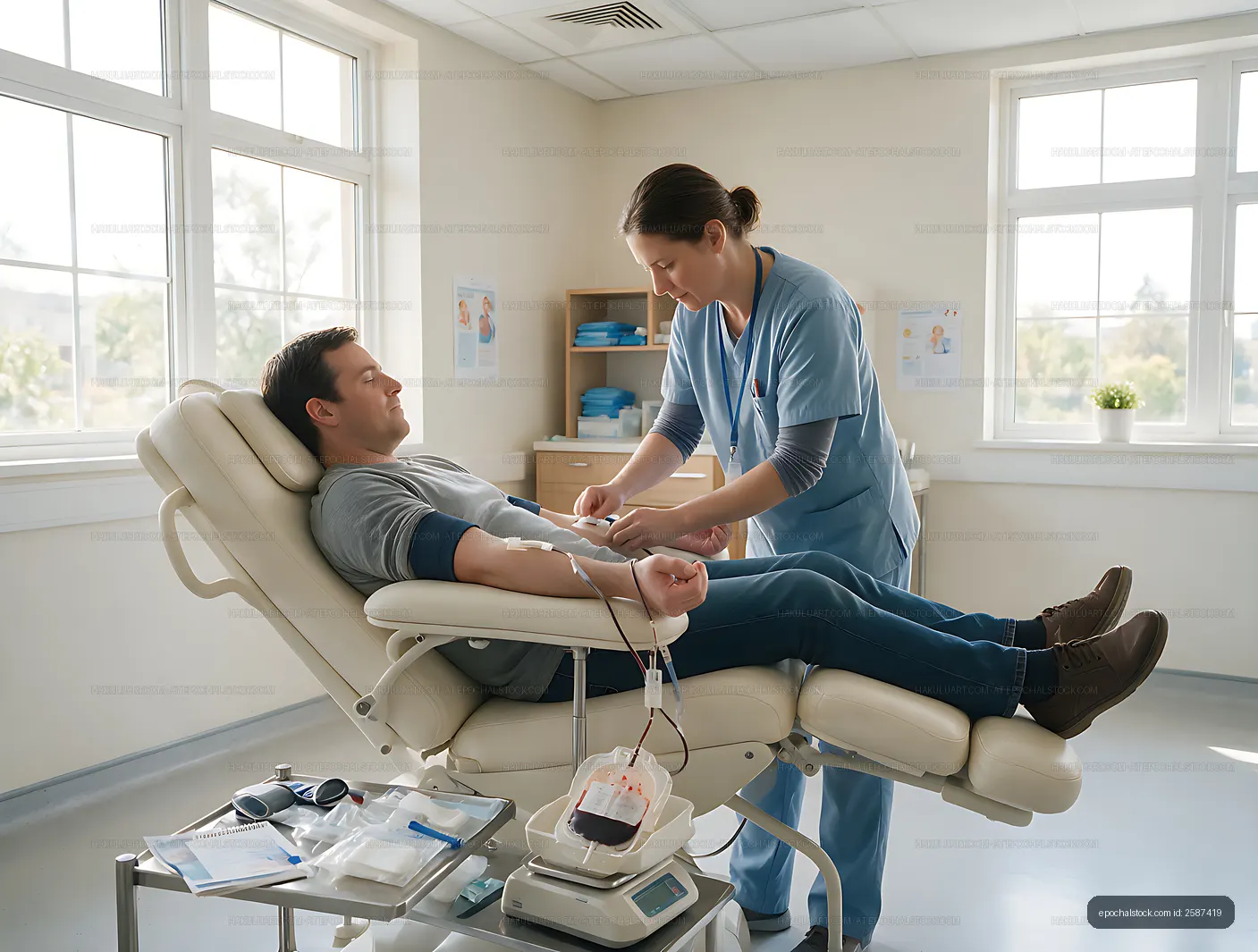 Healthcare worker assisting blood donor