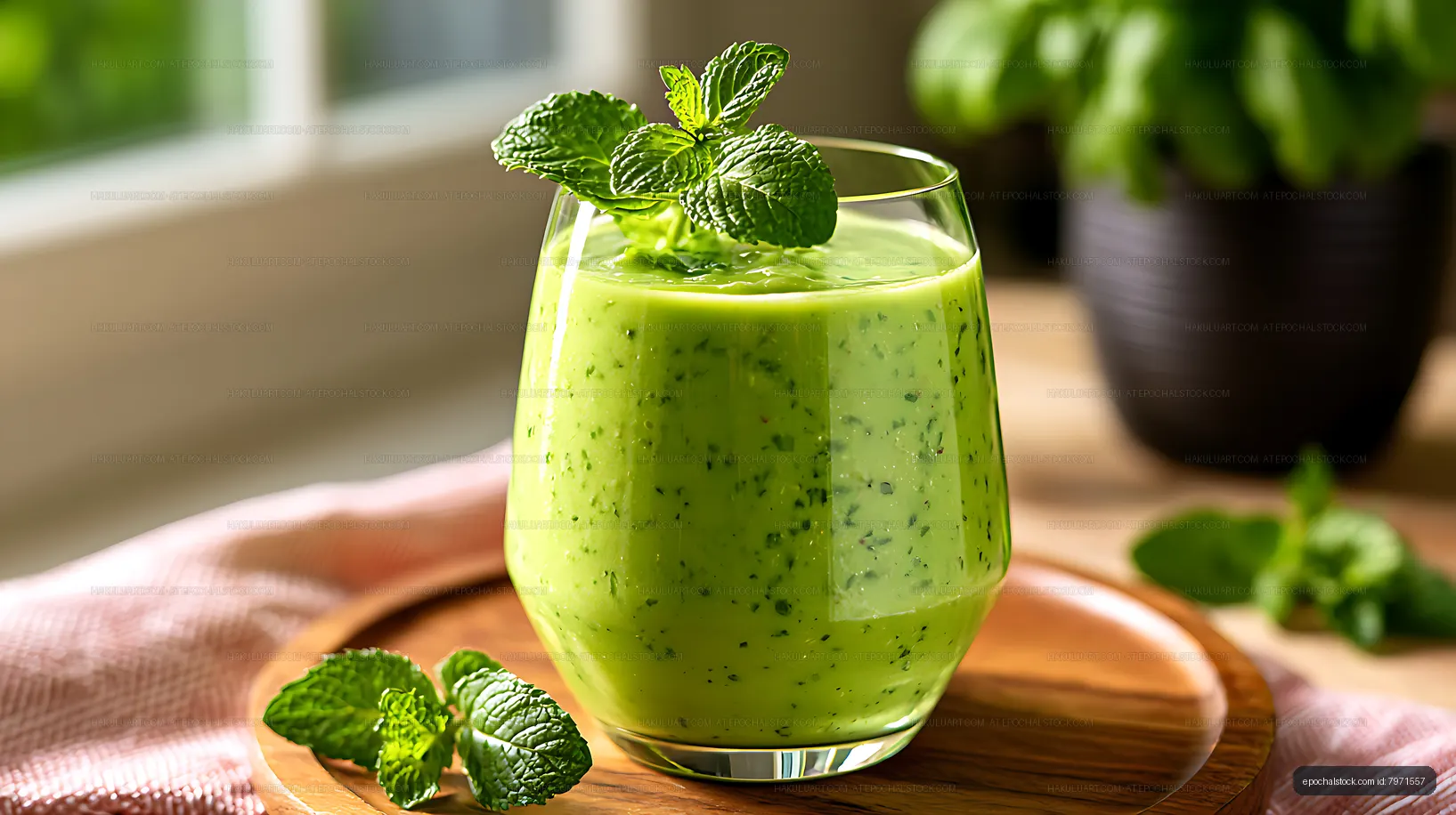 Bright mint smoothie served in a clear glass