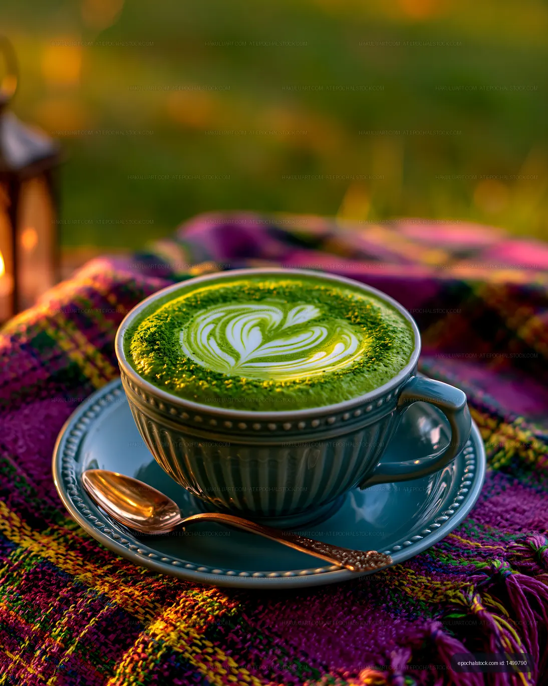 Matcha latte served with heart foam art on colorful fabric