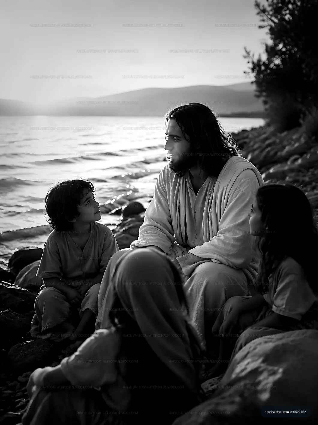 Jesus teaching children by the lakeside in black and white