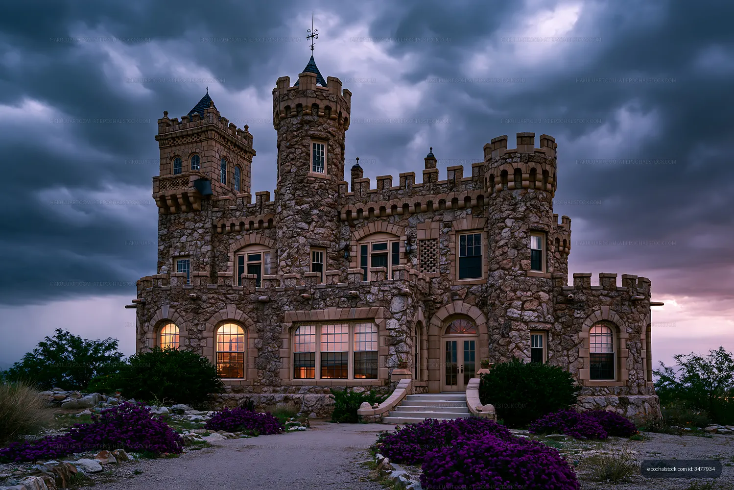 Castle towers and battlements under dark storm clouds
