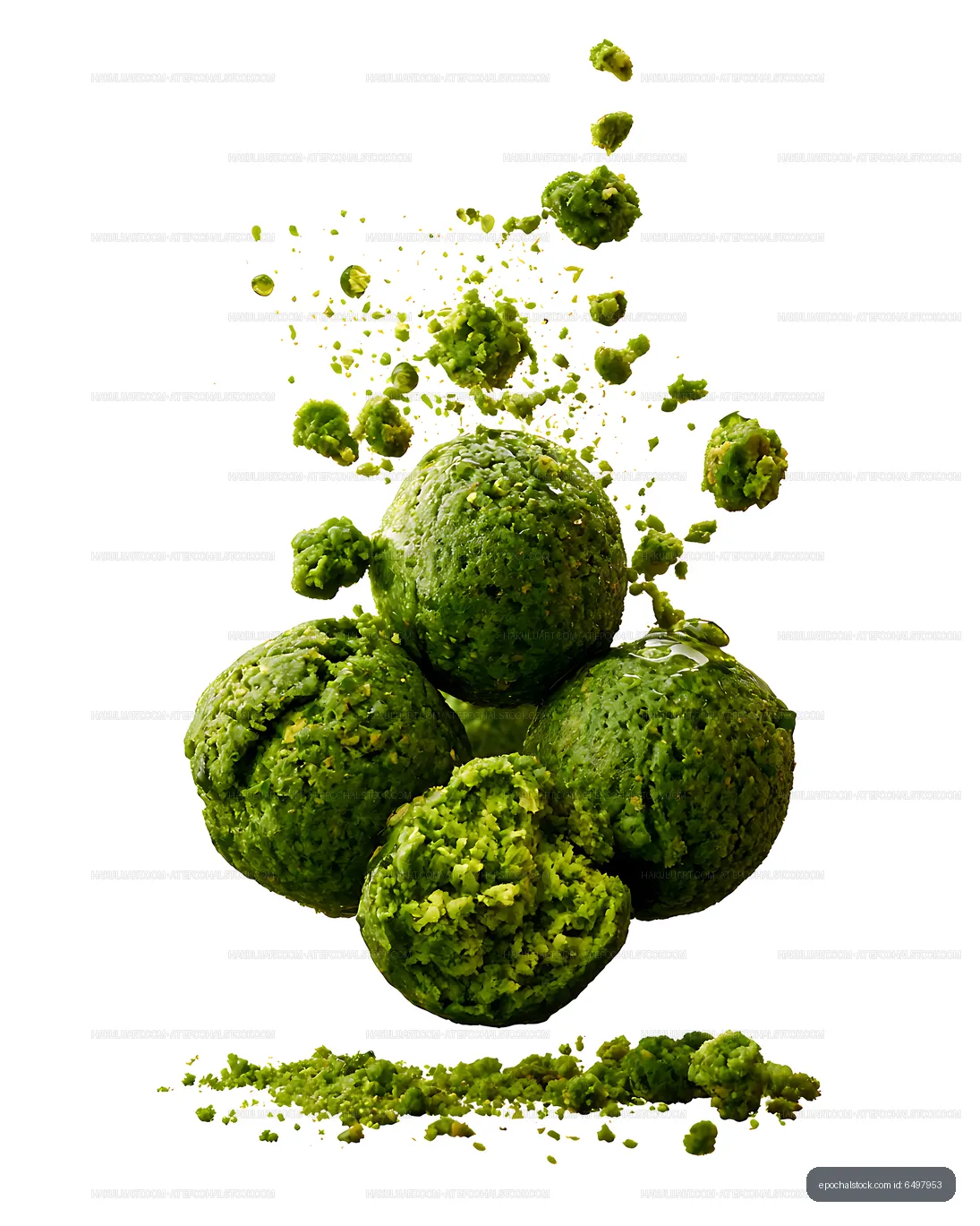 Avocado balls and crumbs suspended against white