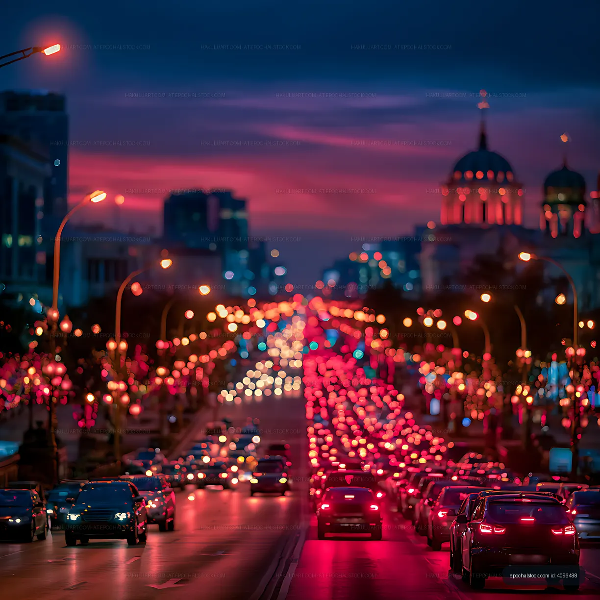 Defocused evening traffic and lights in a city street