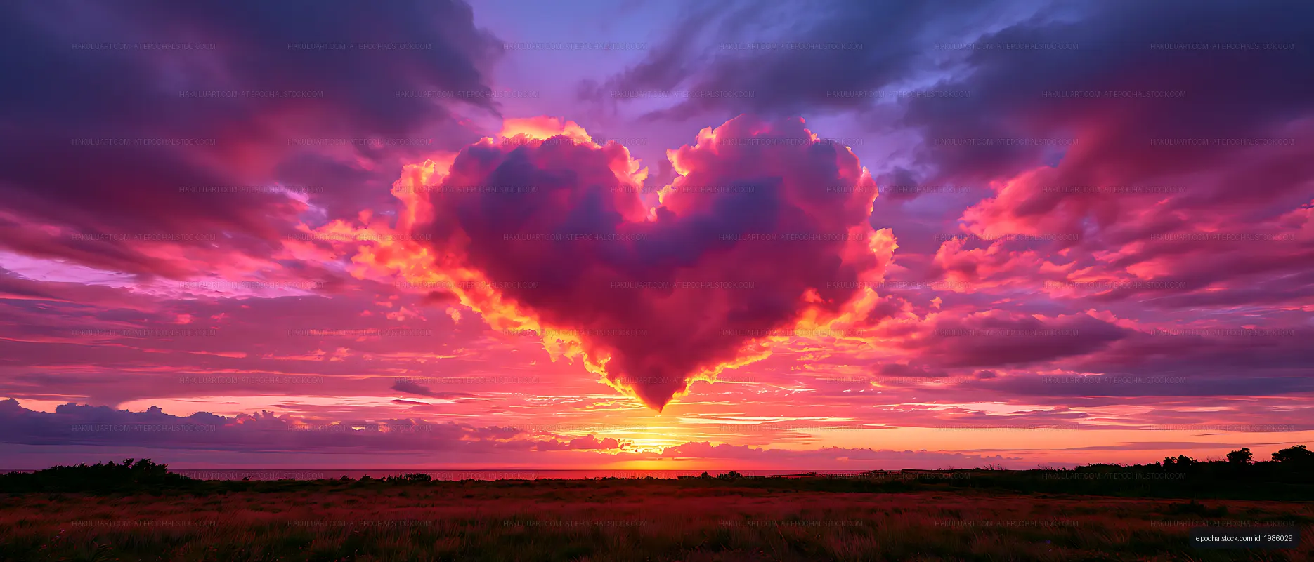 Vibrant sunset sky with towering clouds over grassland