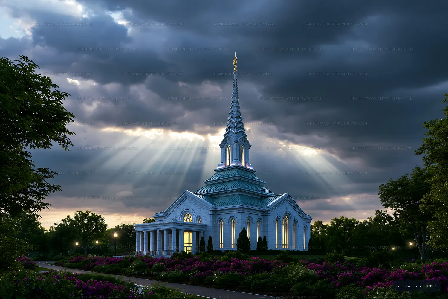 White church framed by stormy sky and gardens