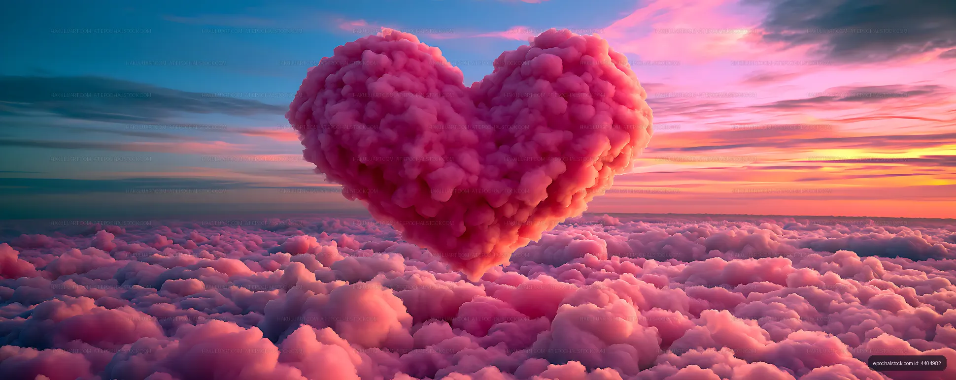 Pink heart cloud floating over a glowing sunset cloudscape