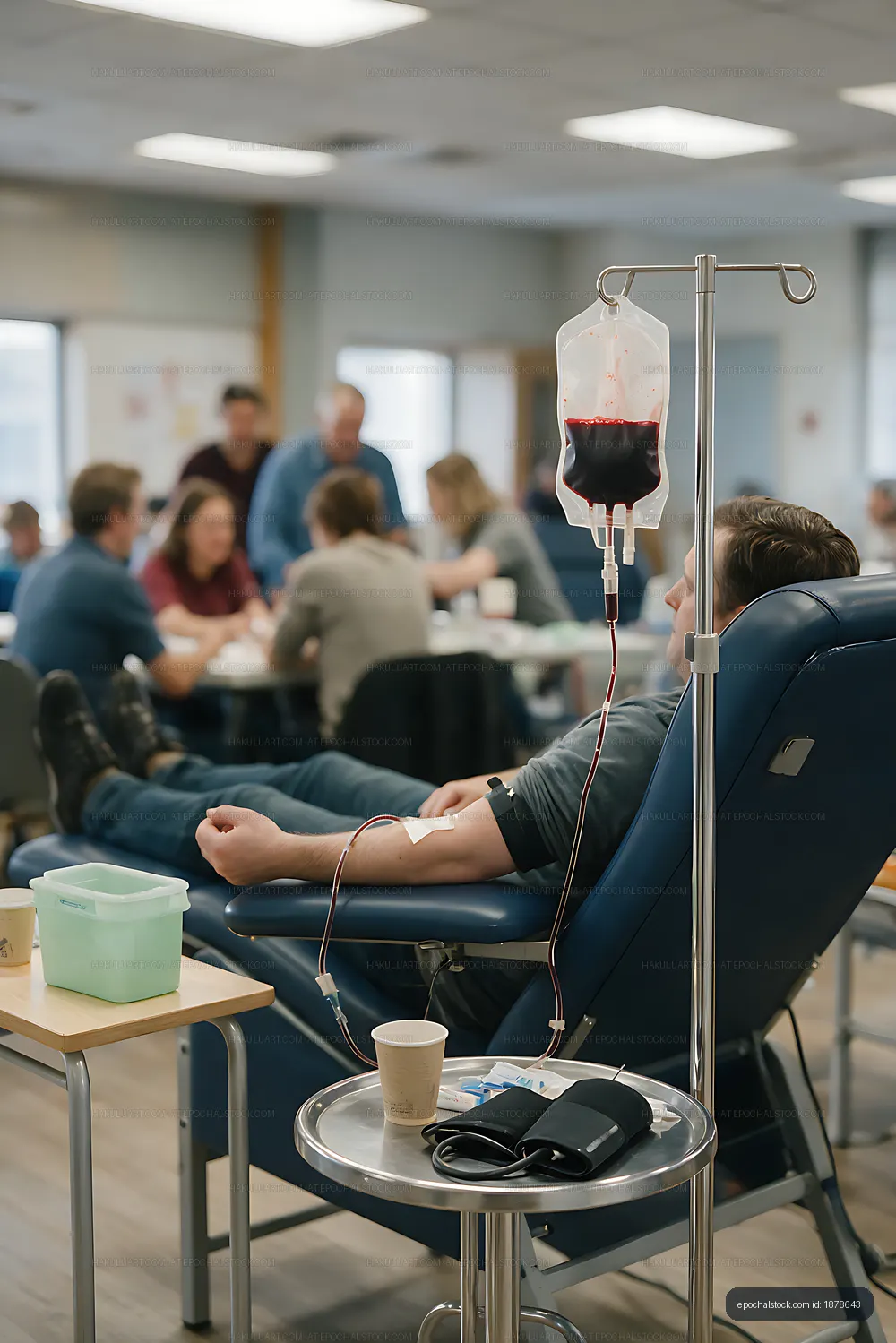 Blood donor reclining in chair during blood collection