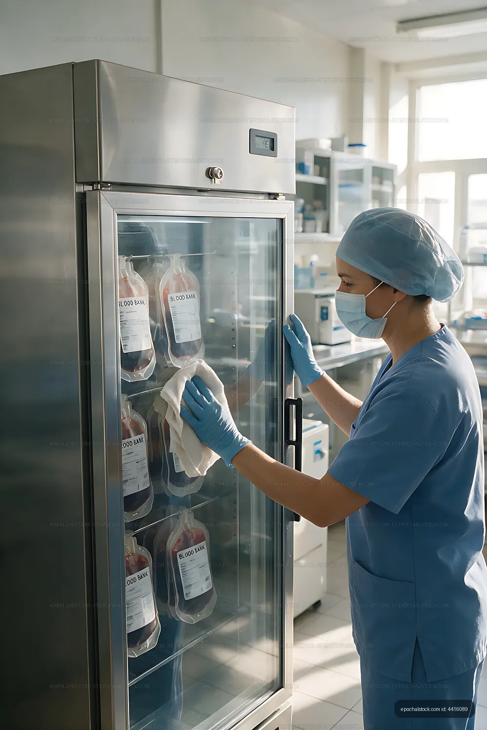 Healthcare worker accessing a blood storage refrigerator