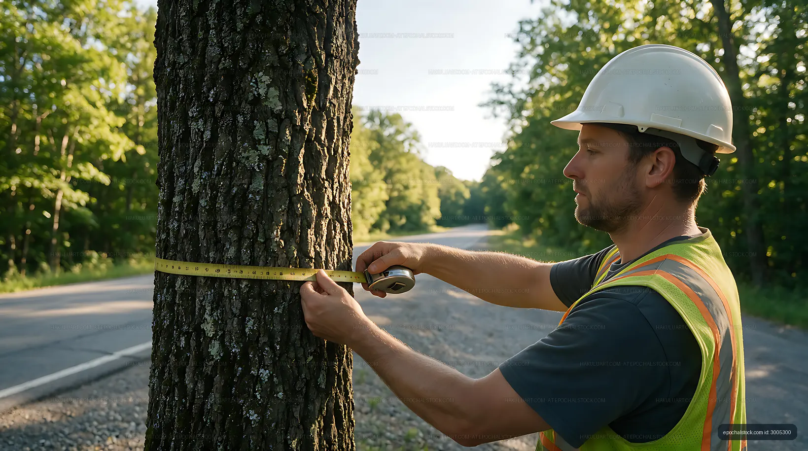 Worker Measures Tree Trunk Beside Forest Road