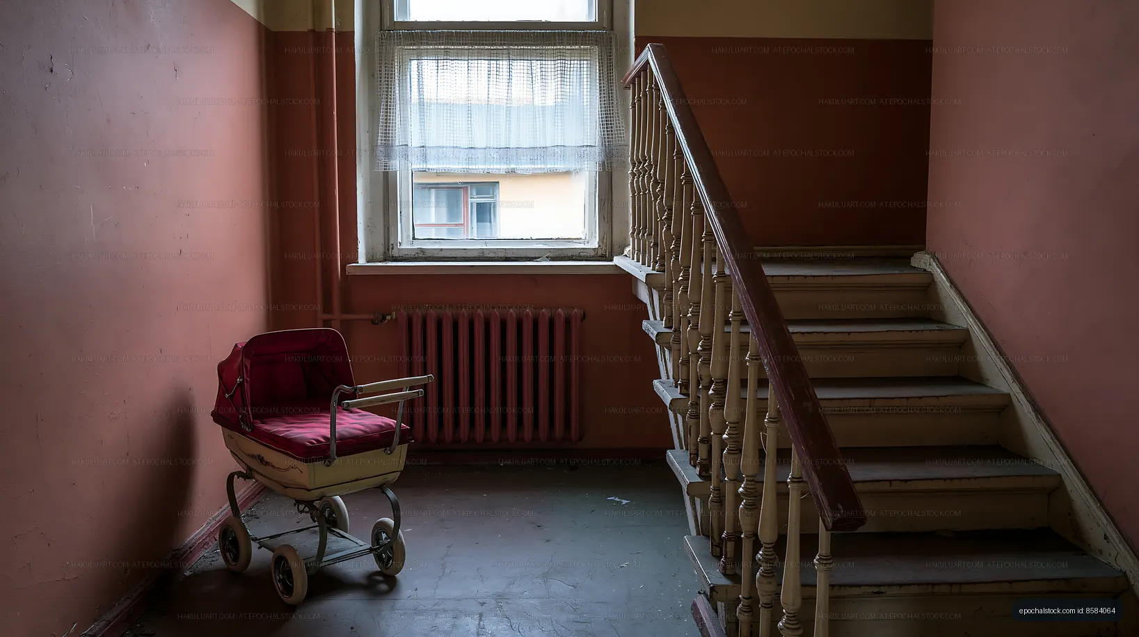 Vintage carriage and wooden staircase in an old interior