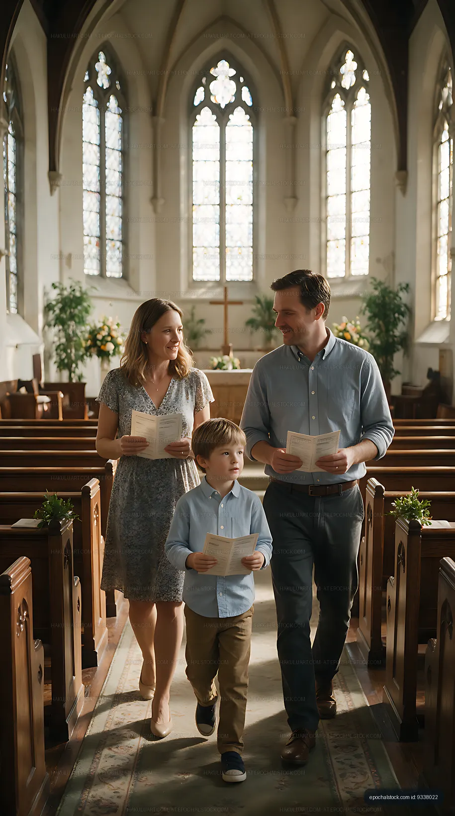 Parents and child walking inside a church