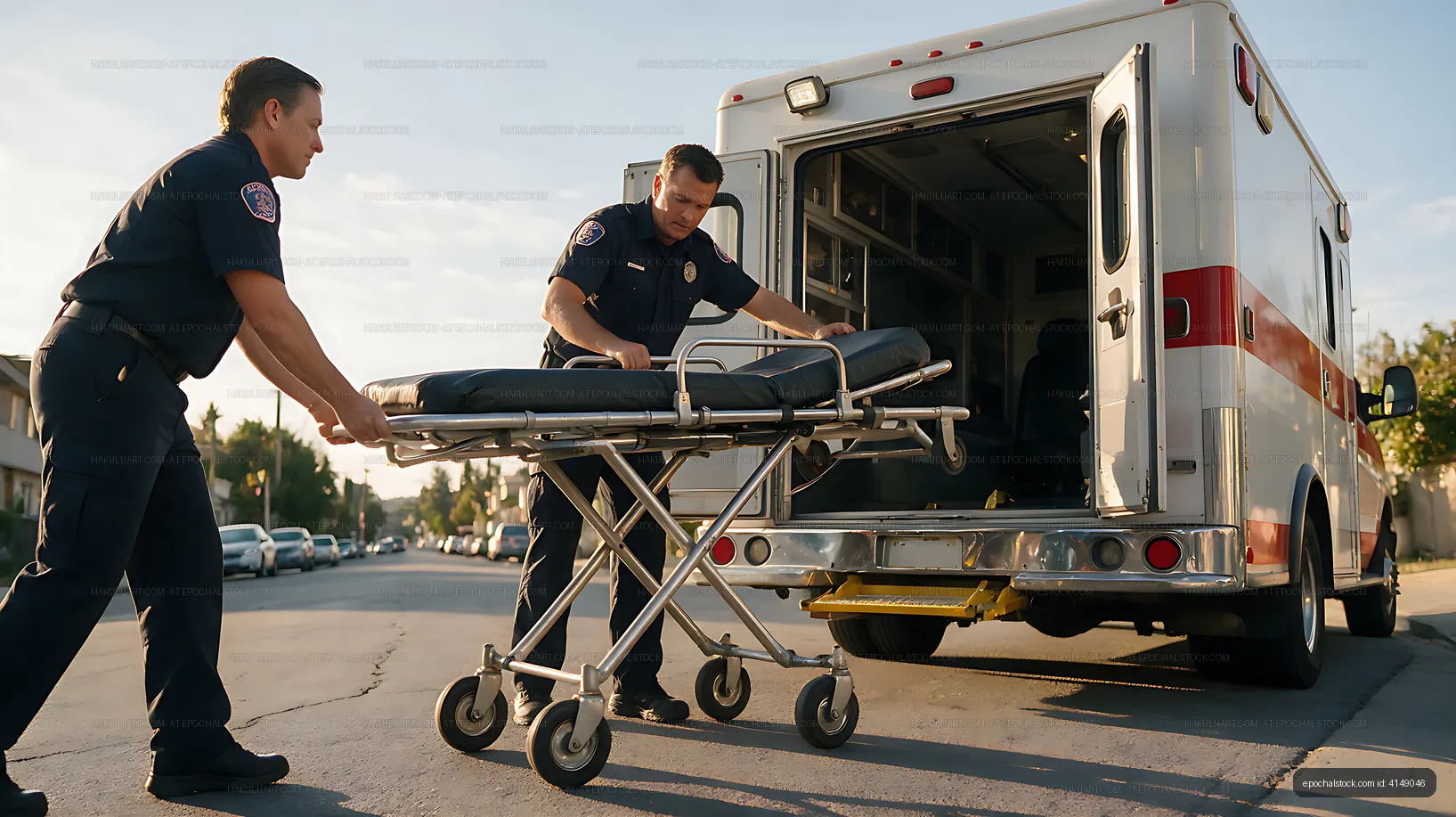 Paramedics loading stretcher into ambulance