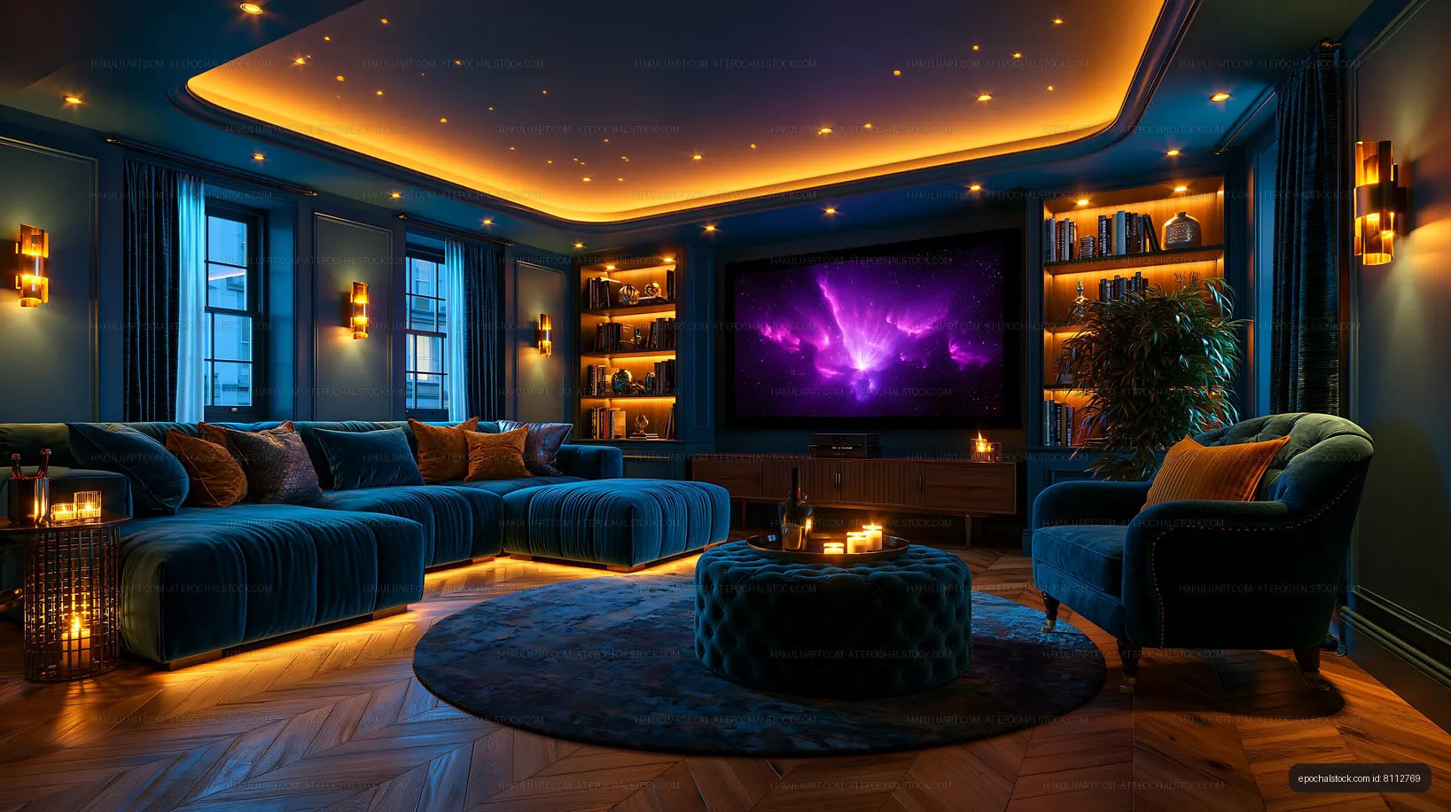Moody luxury living room with blue velvet furniture
