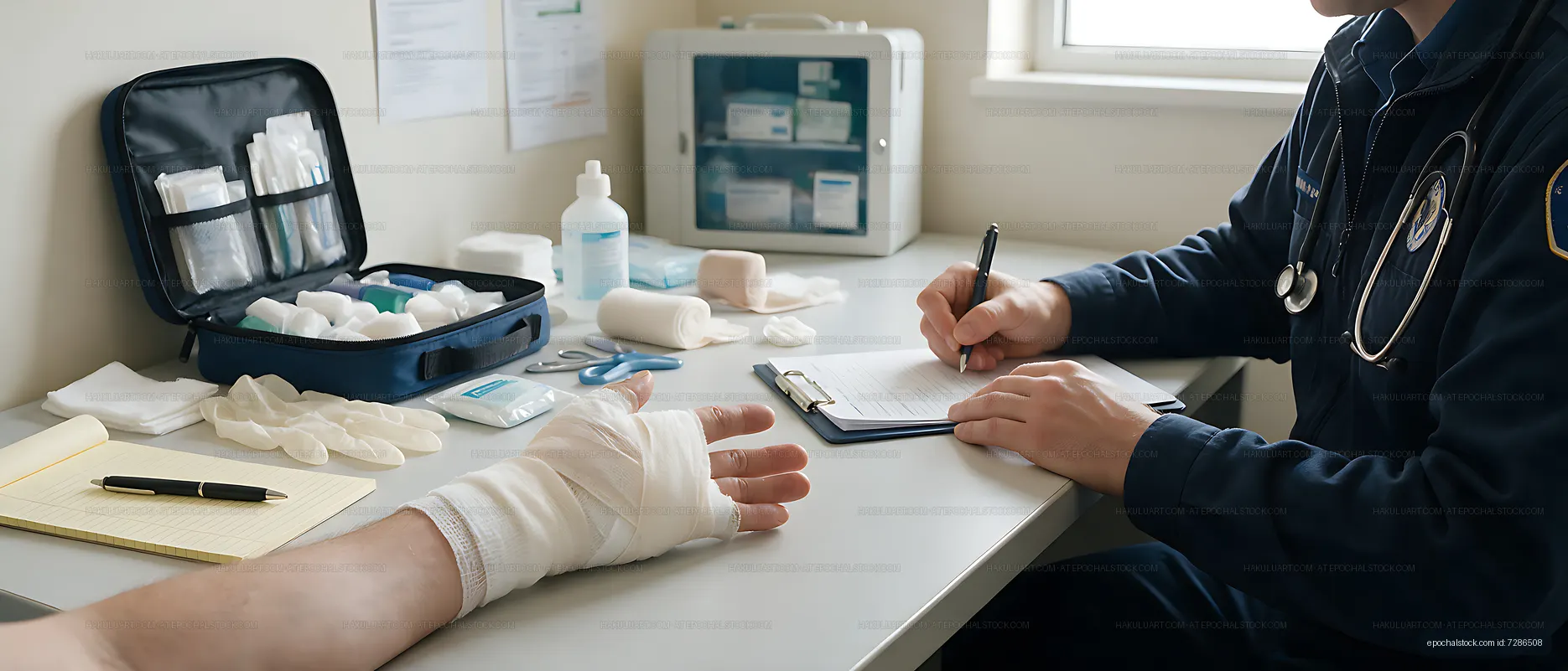 Medical worker treating a bandaged hand at work