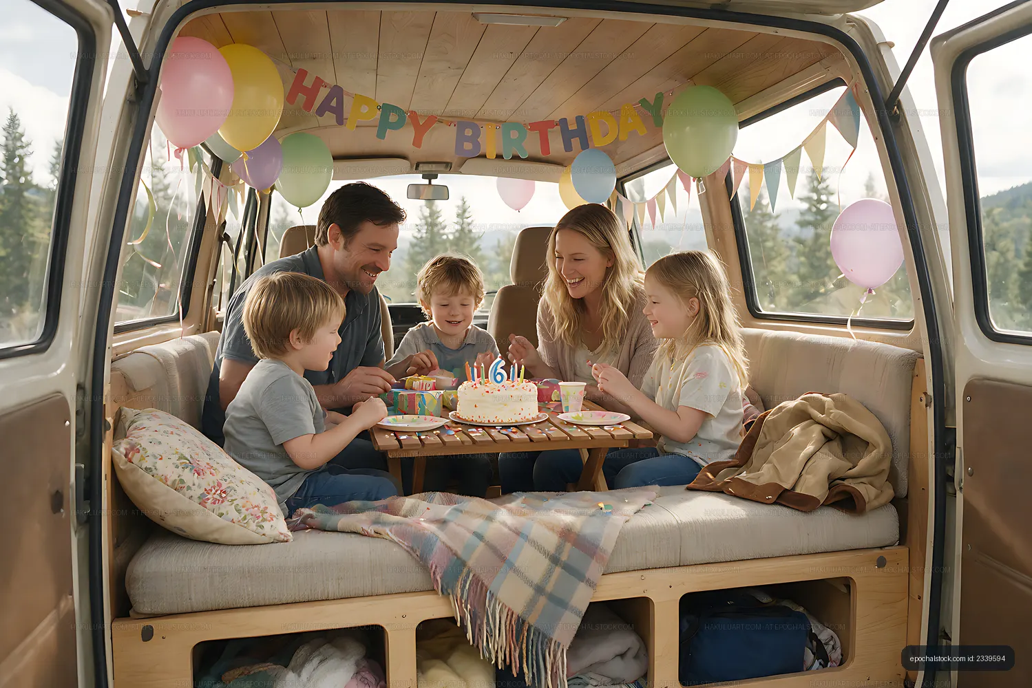 Family enjoying a birthday party inside a camper van