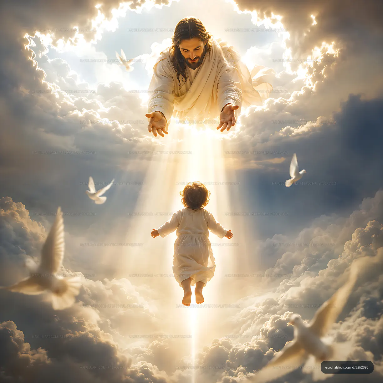 Heavenly scene with a figure and child in a cloud-filled sky