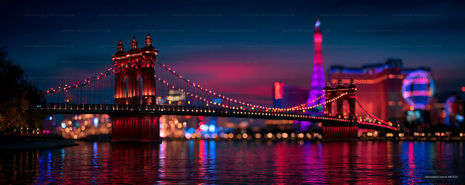 Vibrant night view of a lit suspension bridge and skyline