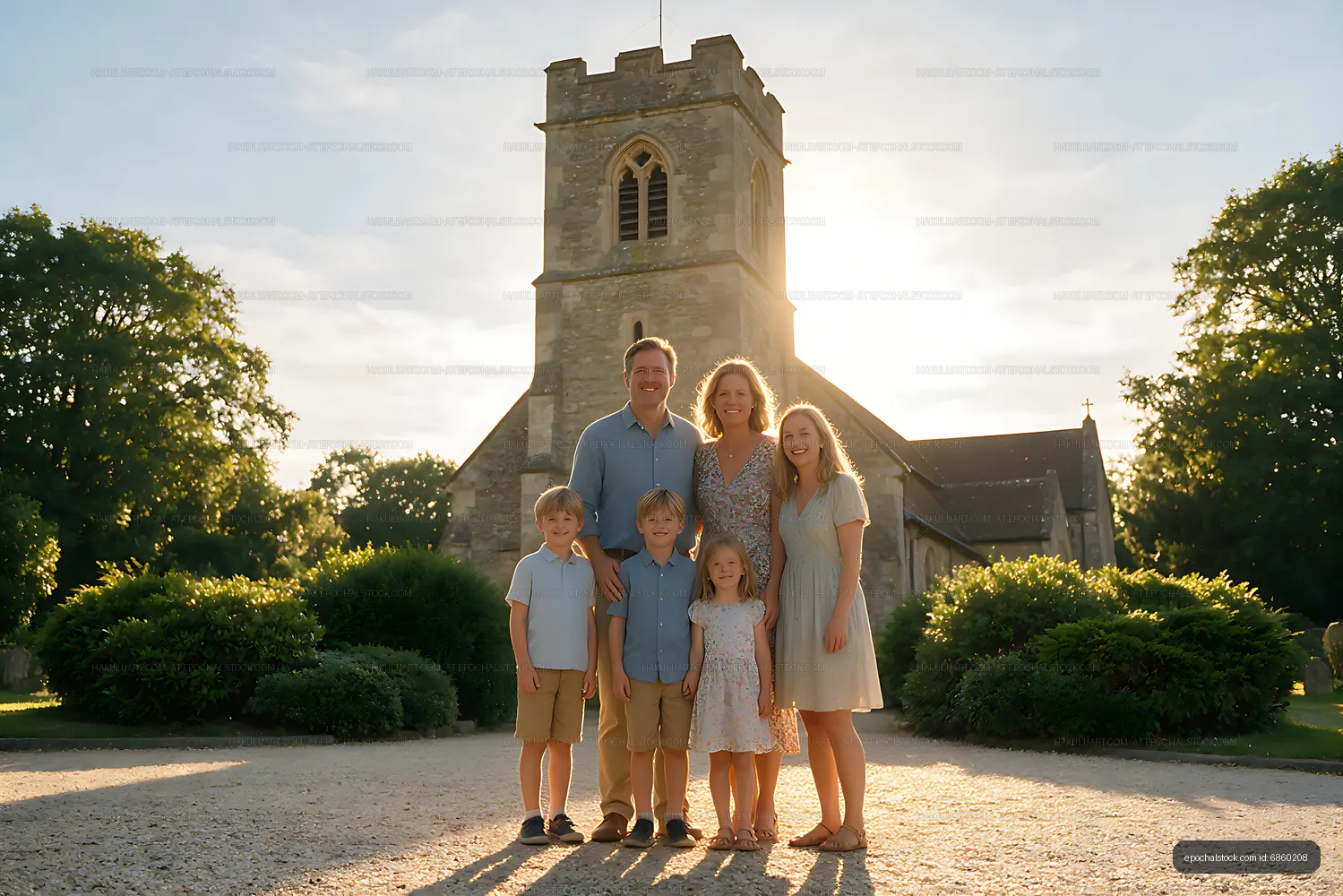 Family of six outside a historic church