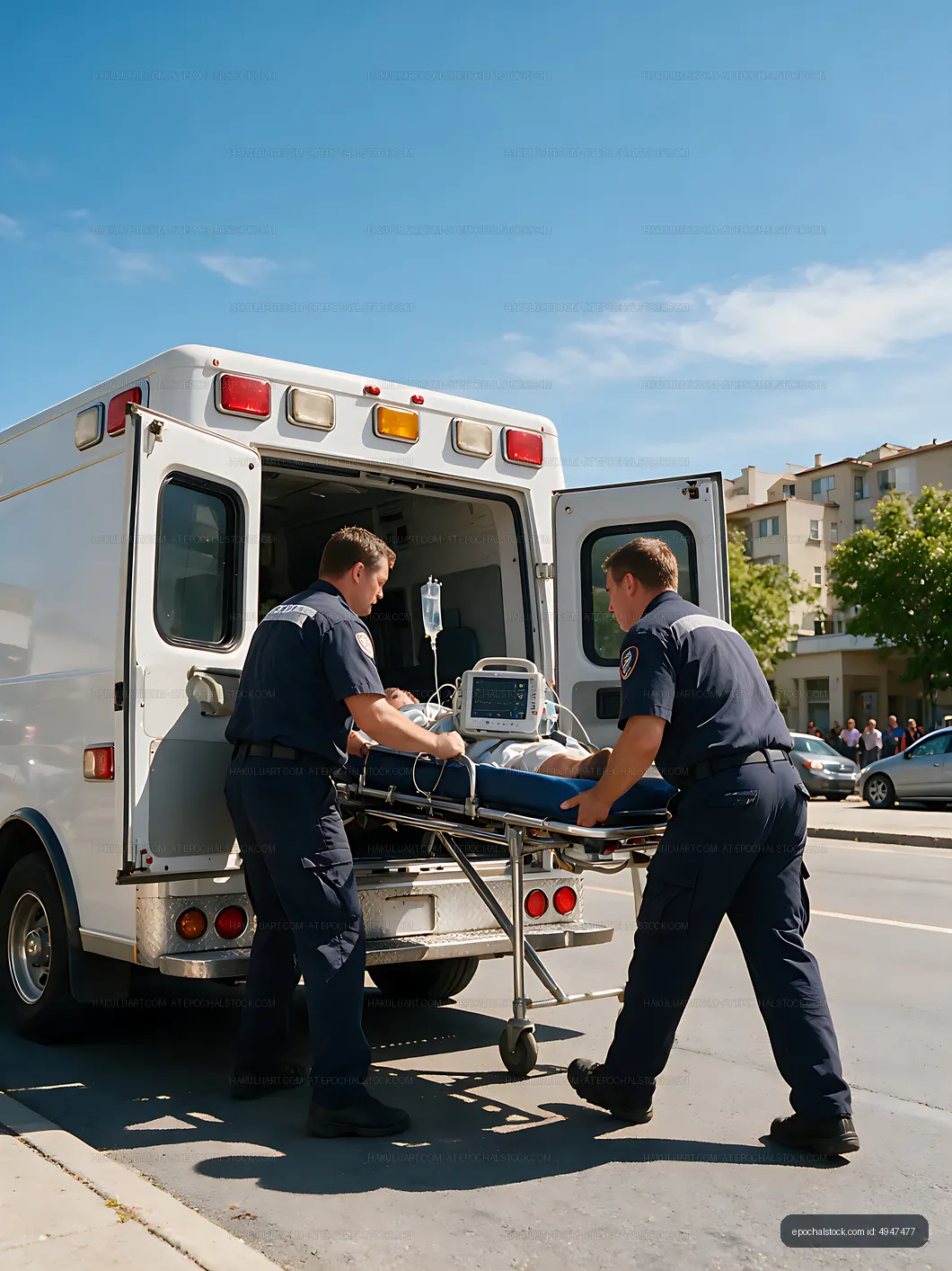 Paramedics transport patient into ambulance